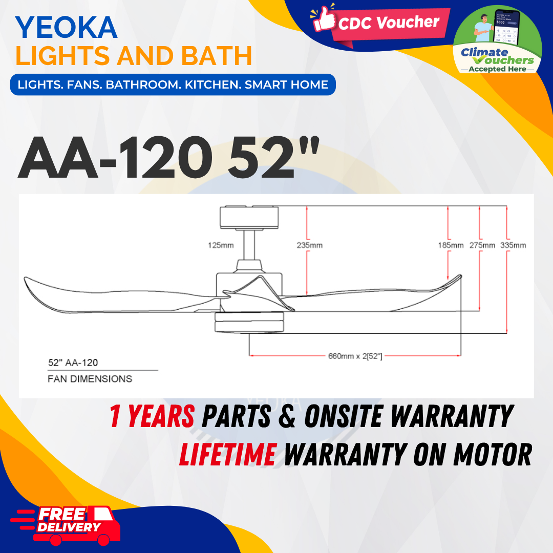 AEROAIR Ceiling Fan| AA-120 DC Motor (42"/52') with 3 Tone LED Light Kit + Remote Control