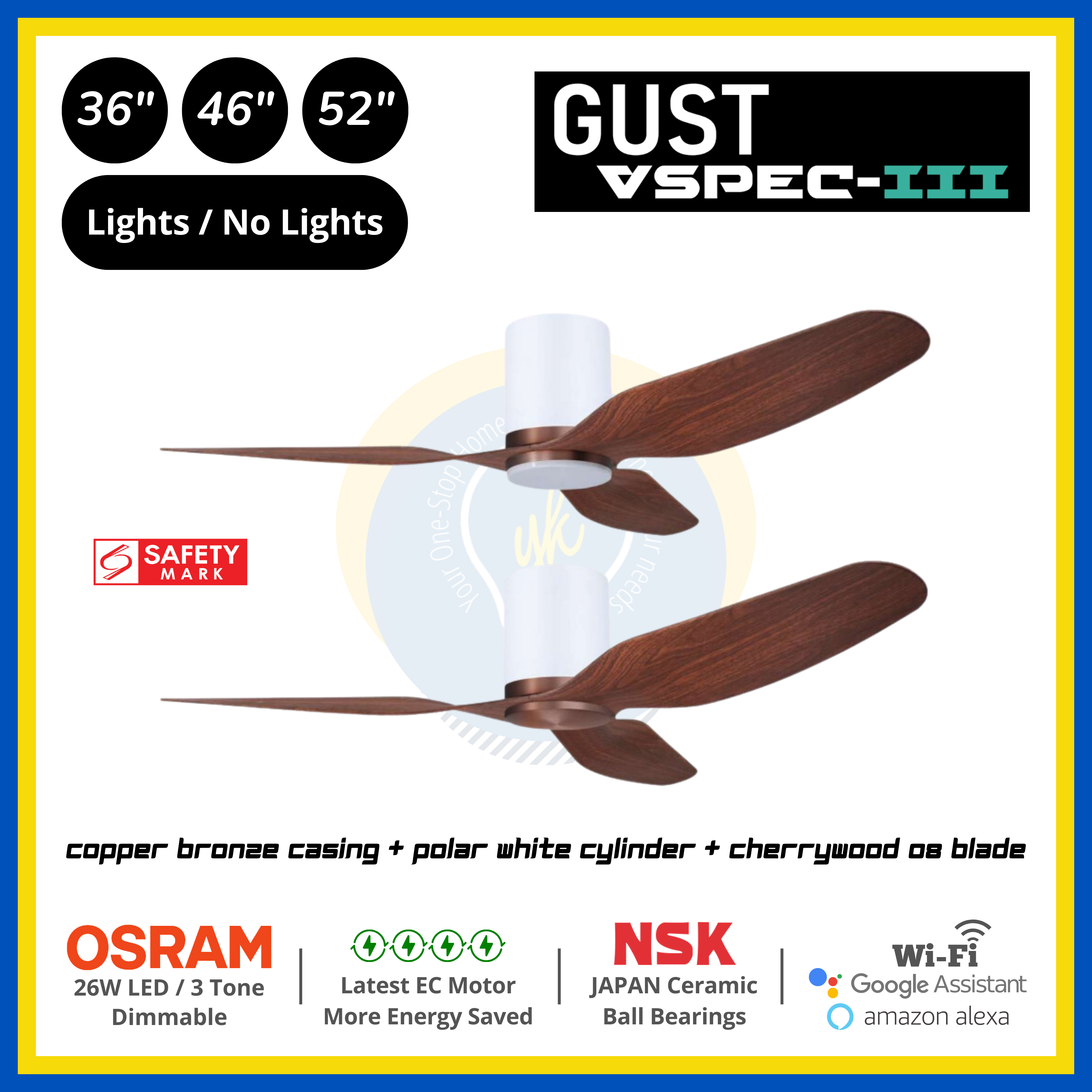 PO Eco Gust VSPEC-III 3 Blades (36"/46"/52") Air Foil 08 Blade Ceiling Fan