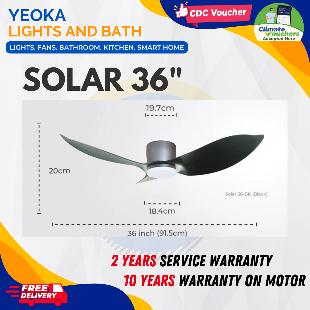 MISTRAL Ceiling Fan SOLAR Series 36/46 inch| 3 Blade ABS, DC Motor, Remote Control, 3 Light Colours