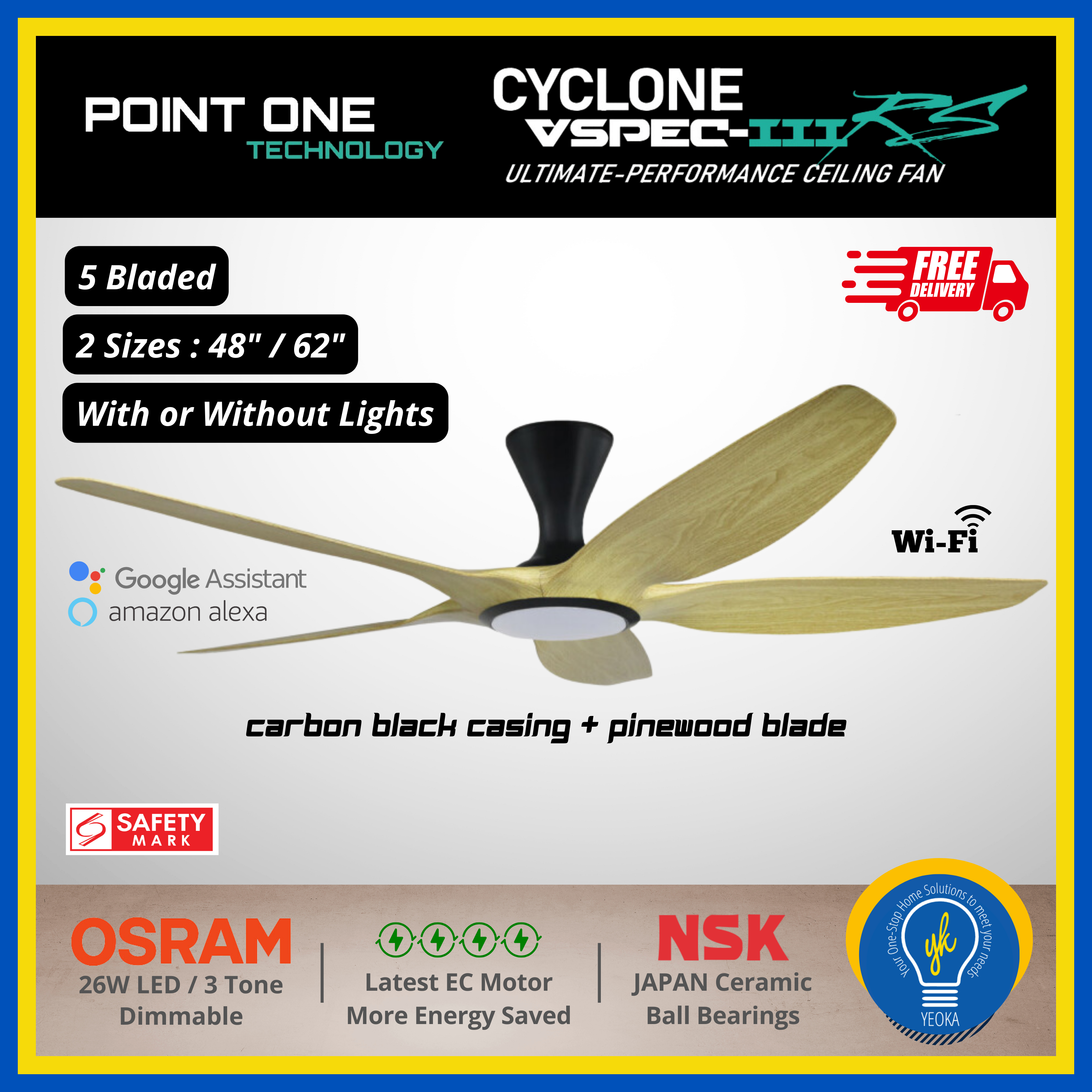 Point One Technology Cyclone VSPEC-lll RS 5 Blades (48"/62") SMART Ceiling Fan