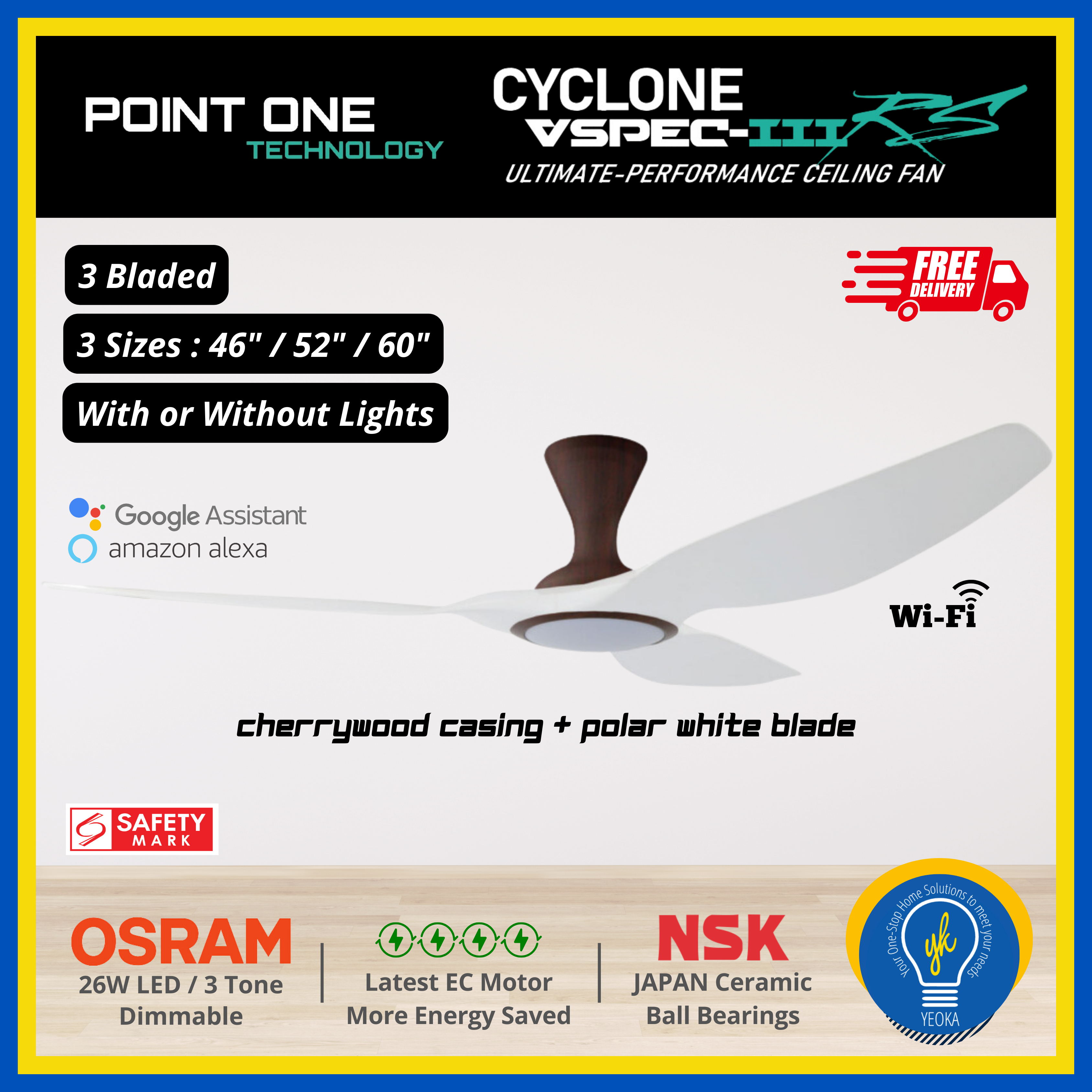 Point One Technology Cyclone VSPEC-lll RS 3 Blades (46"/52"/60") SMART Ceiling Fan