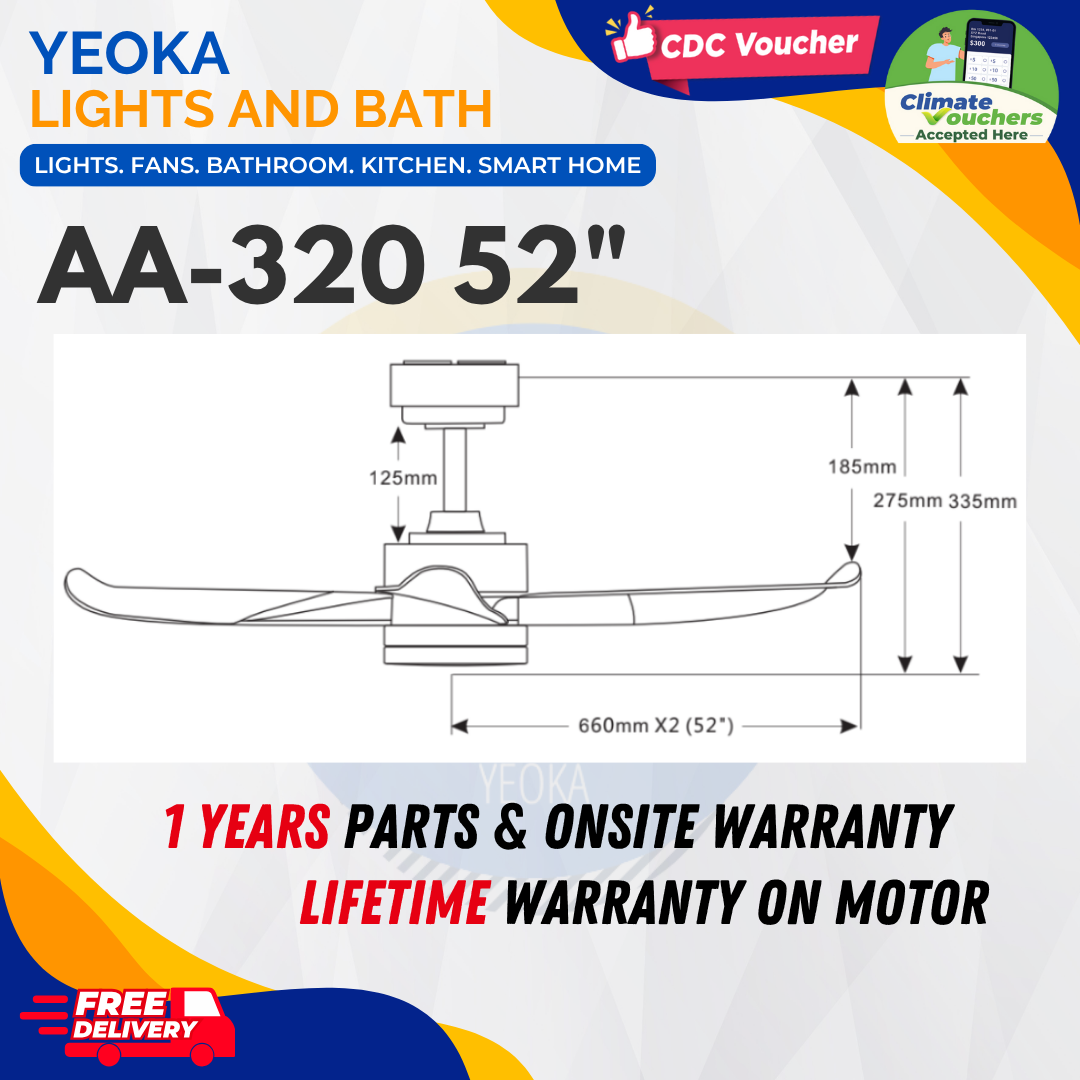 AEROAIR Ceiling Fan AA-320 DC Motor | (35"/46"/52') with 3 Tone LED Light Kit + Remote Control