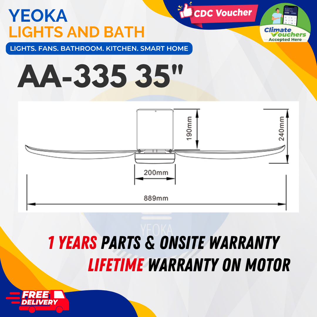 AEROAIR Ceiling Fan AA-335 DC Motor | (35"/46"/52') with 3 Tone LED Light Kit + Remote Control