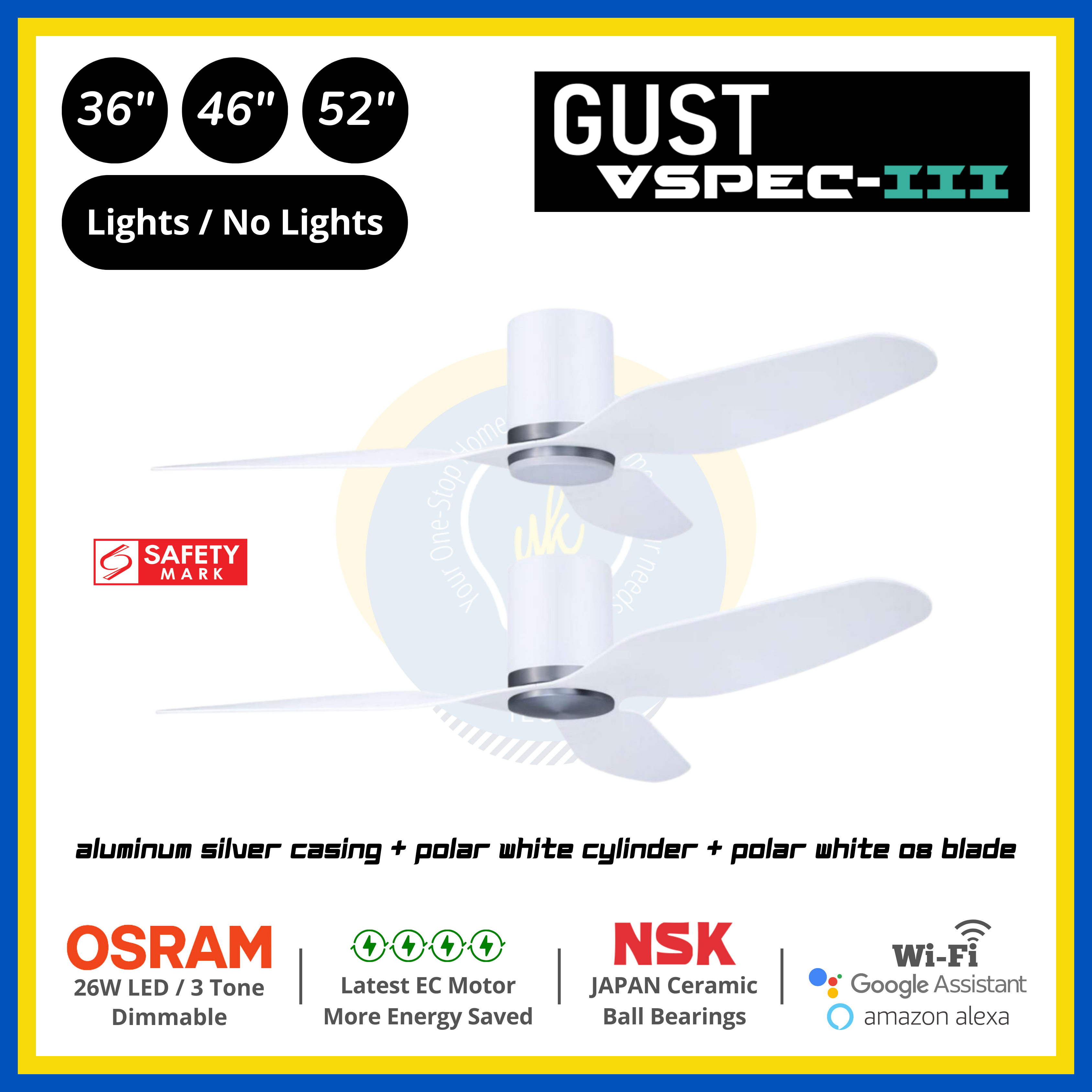 PO Eco Gust VSPEC-III 3 Blades (36"/46"/52") Air Foil 08 Blade Ceiling Fan