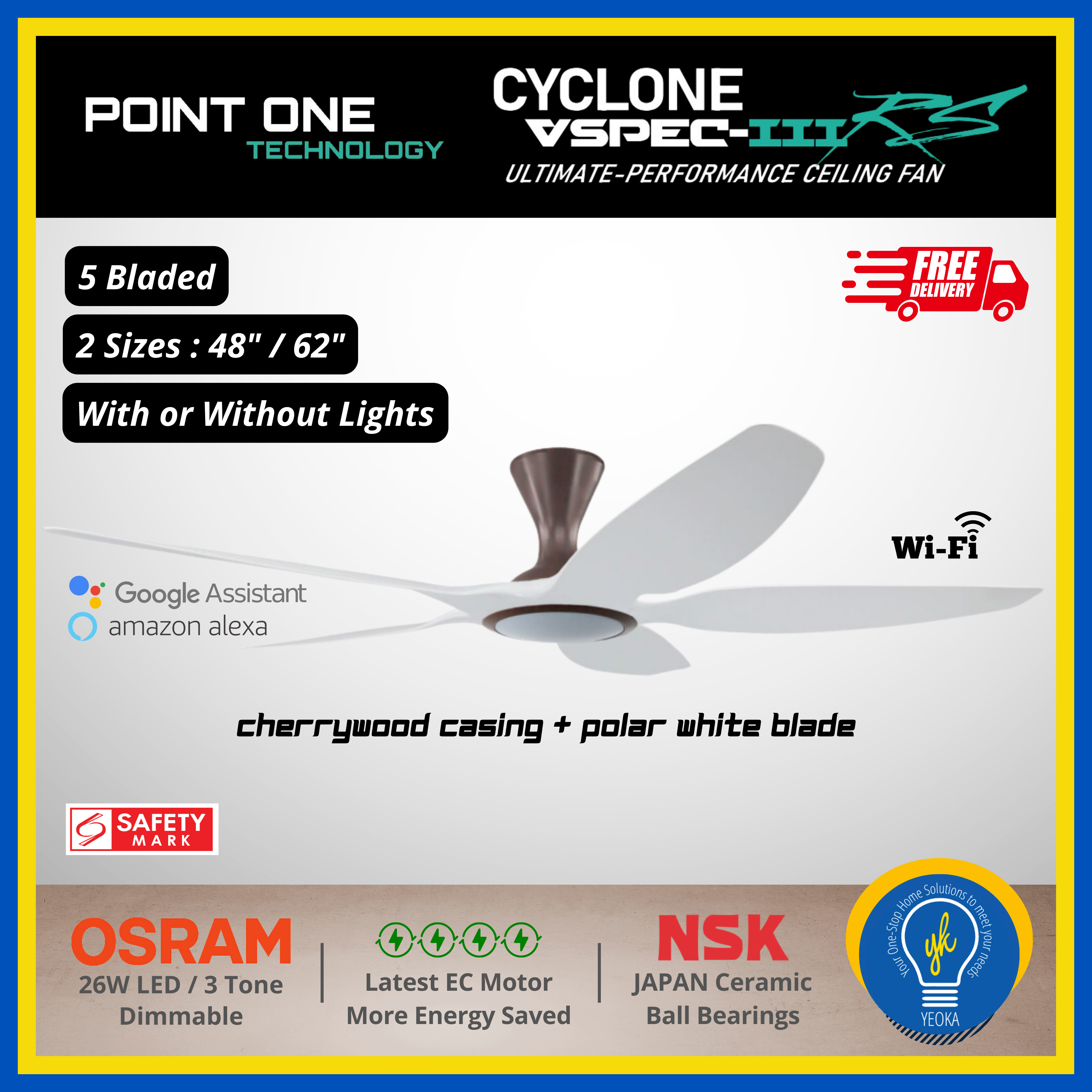 Point One Technology Cyclone VSPEC-lll RS 5 Blades (48"/62") SMART Ceiling Fan