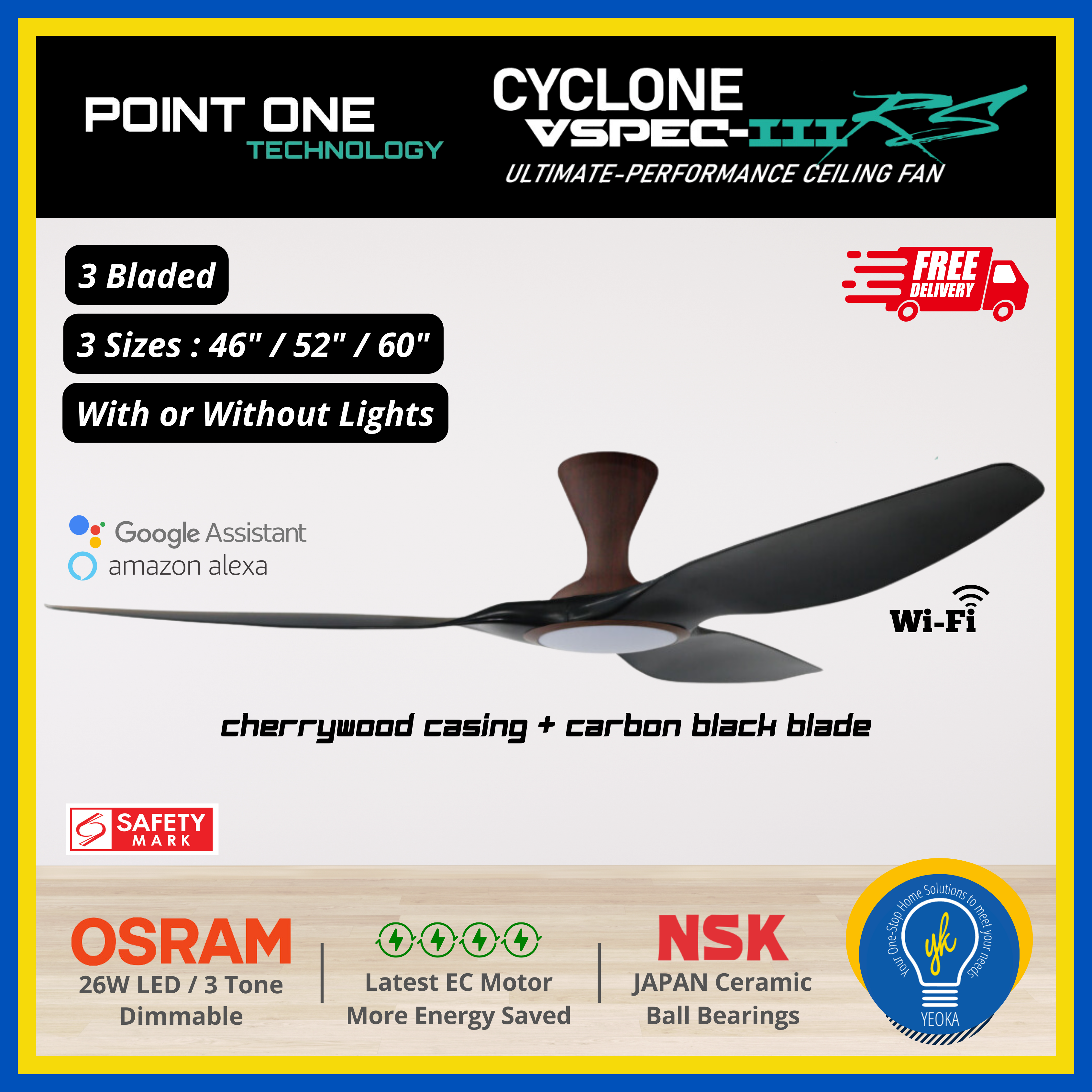 Point One Technology Cyclone VSPEC-lll RS 3 Blades (46"/52"/60") SMART Ceiling Fan