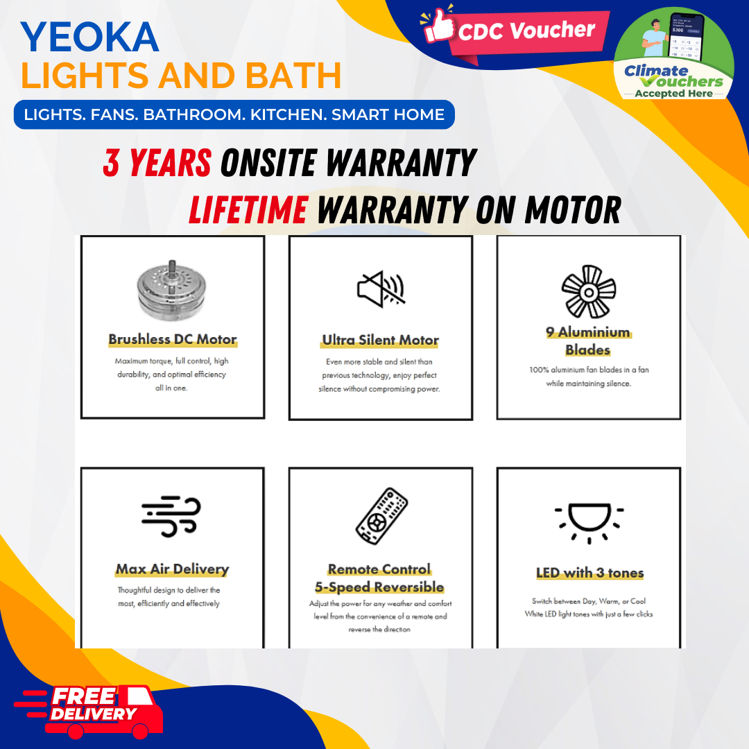 FANCO Ceiling Fan E-LITE DC Motor (48"/52"/60"/72") with 3 Tone LED Light Kit