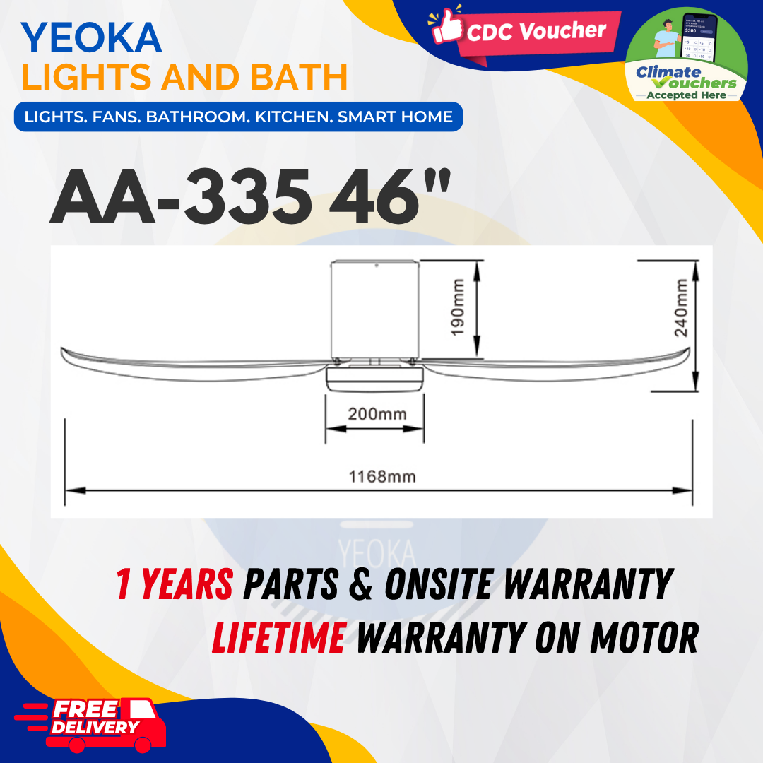 AEROAIR Ceiling Fan AA-335 DC Motor | (35"/46"/52') with 3 Tone LED Light Kit + Remote Control