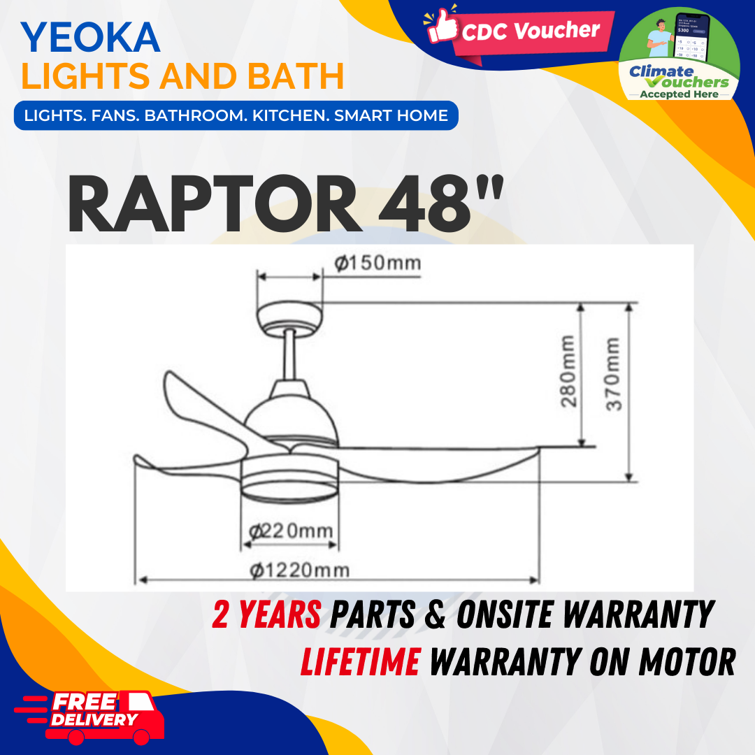 BESTAR Ceiling Fan Raptor |38/48/54"|24W LED 3 Lighting Colour