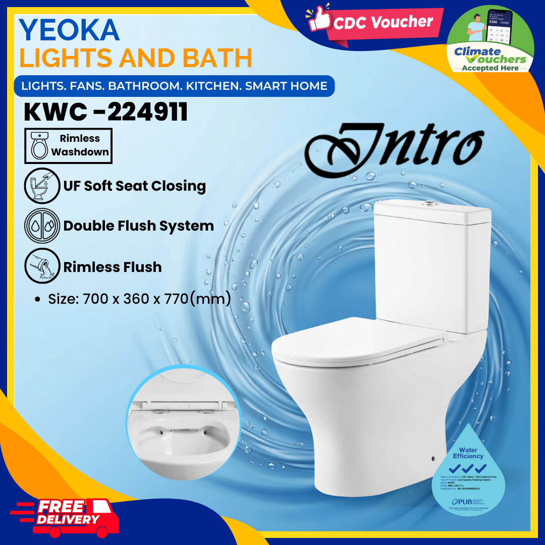 YEOKA x INTRO KWC Series Toilet Bowl, Rimless Washdown Design, Dual Flush System, UF Soft Closing, P-Trap S-Trap Compatible,