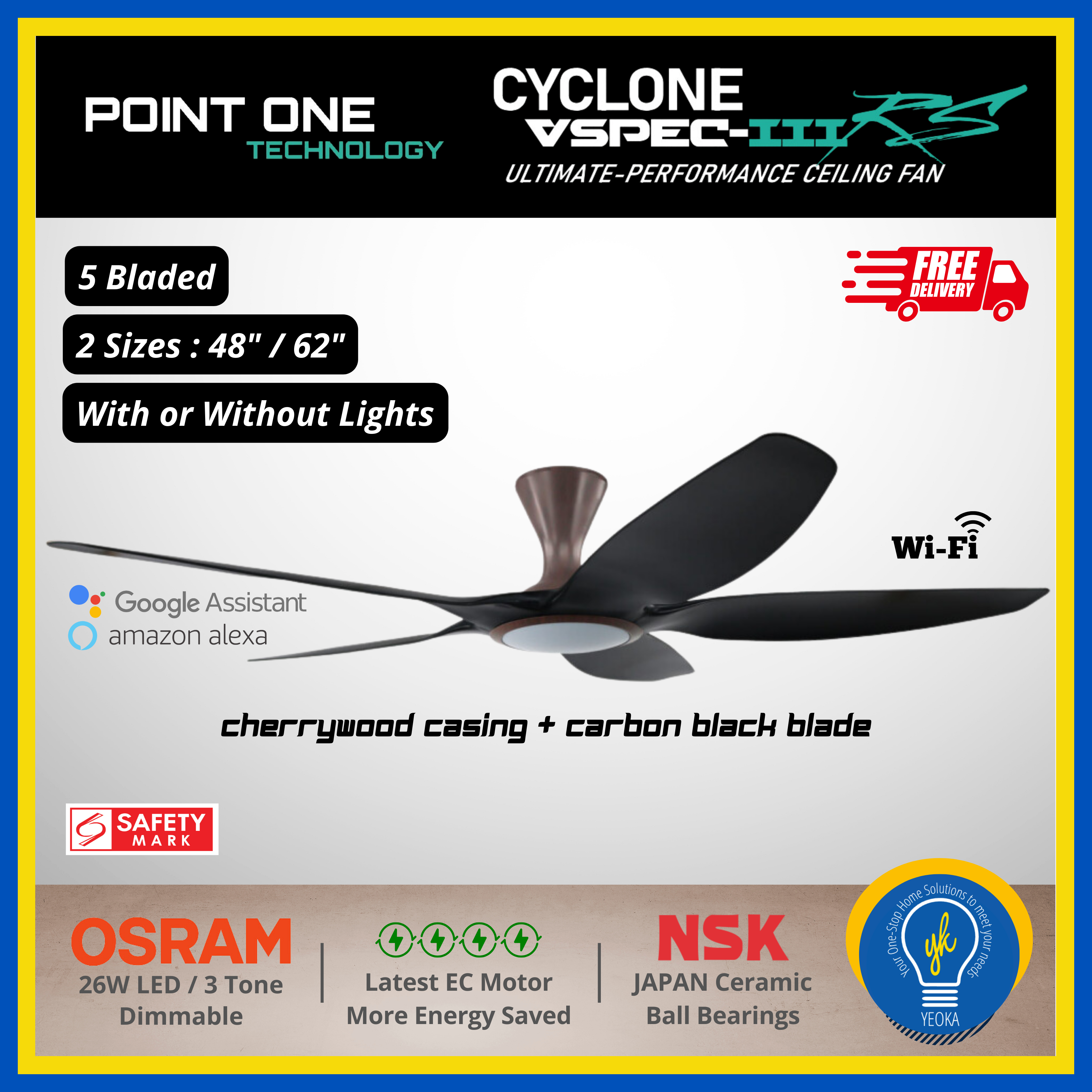 Point One Technology Cyclone VSPEC-lll RS 5 Blades (48"/62") SMART Ceiling Fan