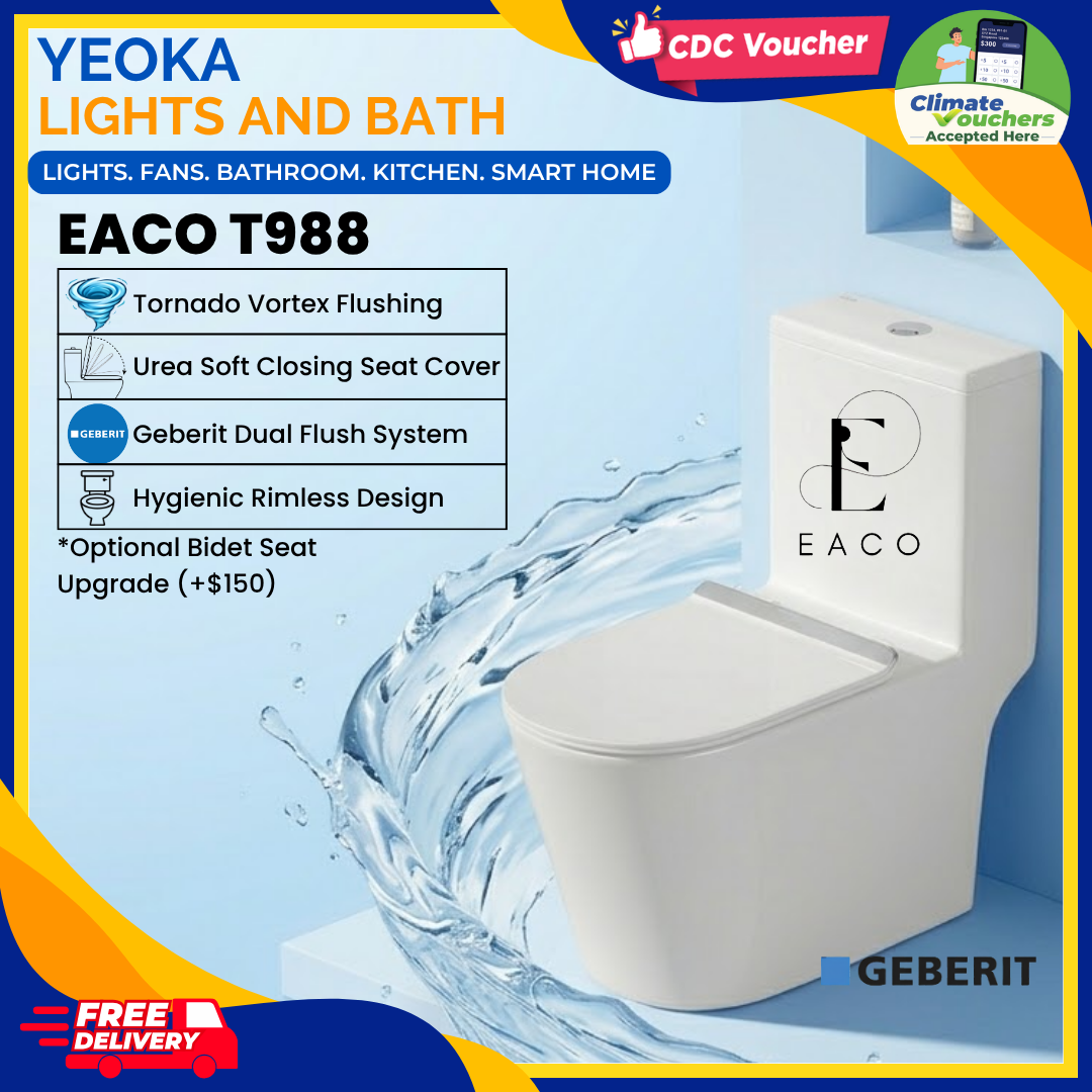 YEOKA x EACO T988 Toilet Bowl, Geberit Flushing System, Tornado Vortex Flushing, Urea Soft Closing Seat Cover, Hygienic Rimless Design