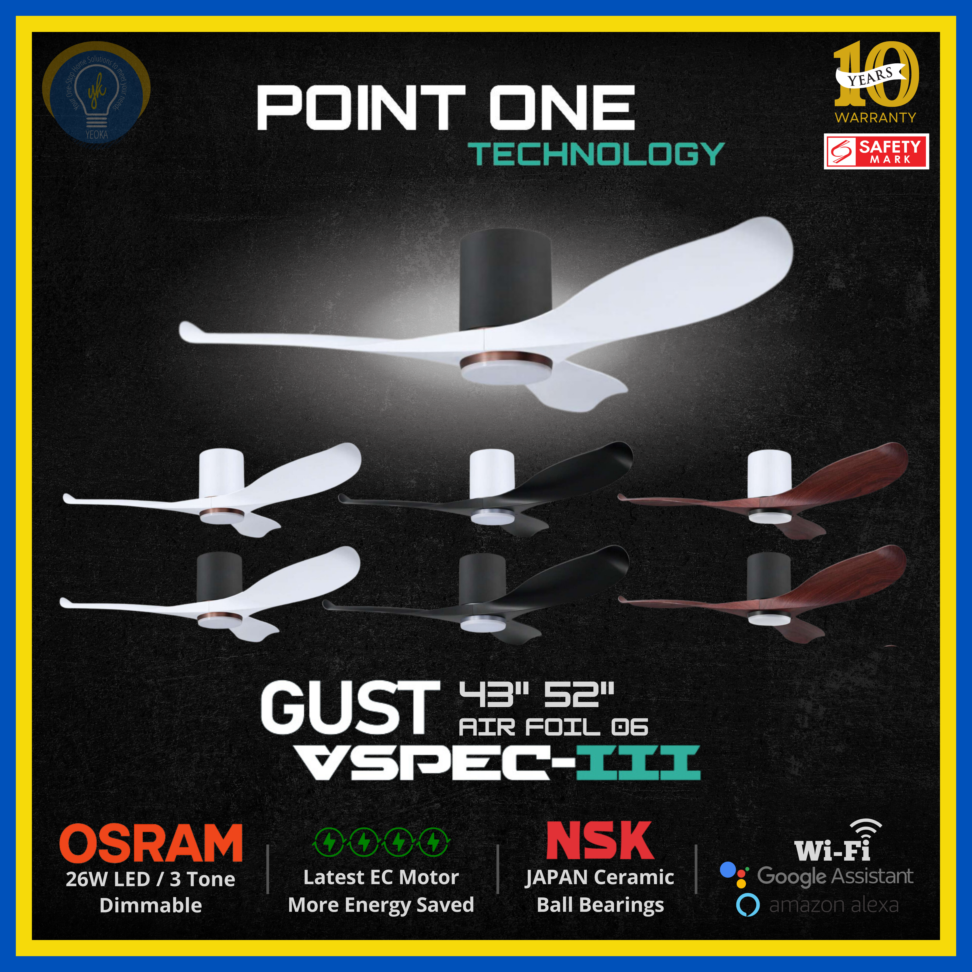 PO Eco Gust VSPEC-III 3 Blades (43"/52") Air Foil 06 Blade Ceiling Fan