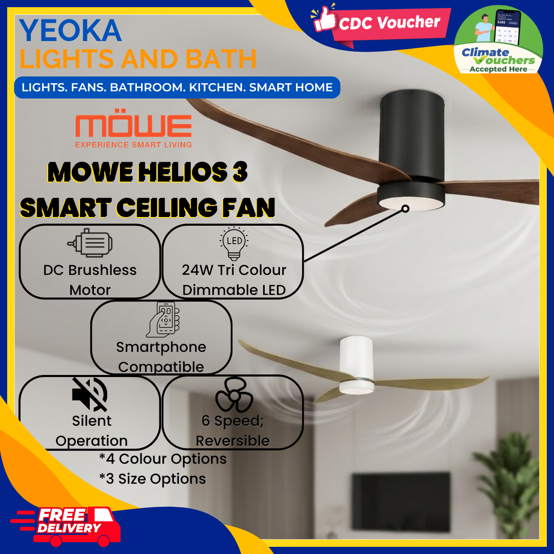 [FREE INSTALLATION] MOWE Helios 3 Smart Ceiling Fan | DC Motor | Dimmable 3 Tone LED Light | 36"/46"/52"