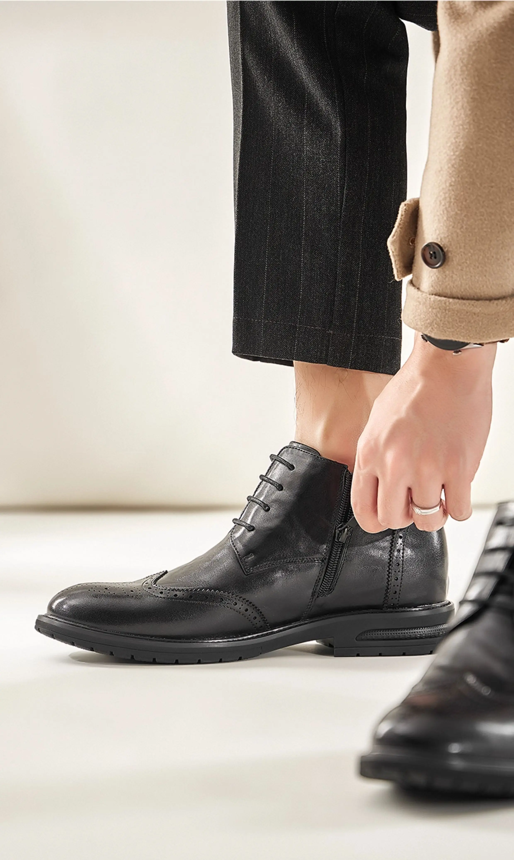 GIRAFFE x GOG Height Increasing Shoes Calf Leather Ankle Boots Lace-up With Zipper Stylish Formal Shoes 6.5cm Winter Shoes