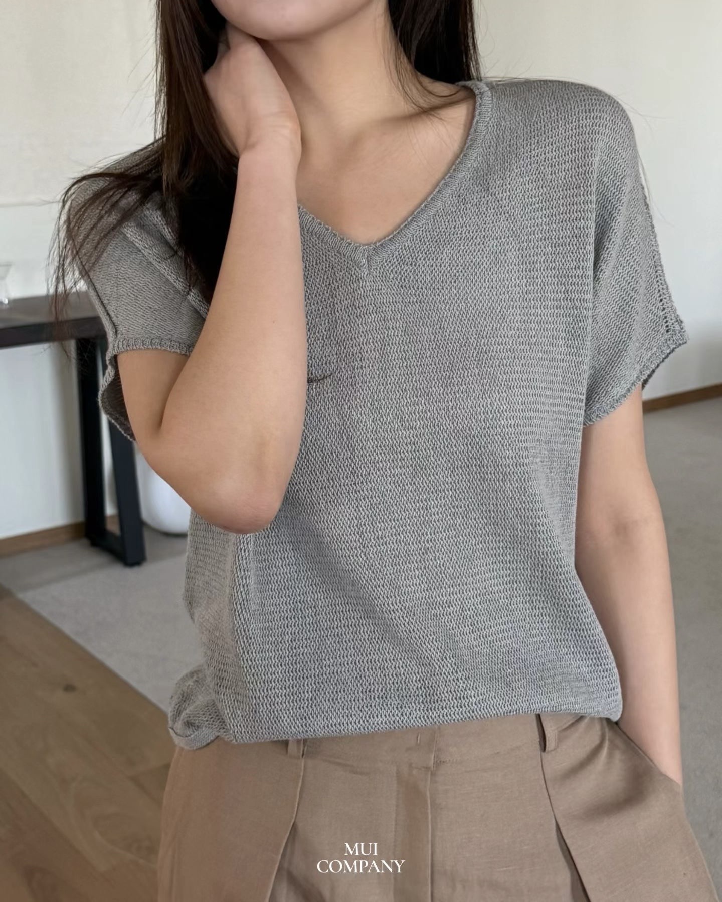 V Neck Waffle Knit Top