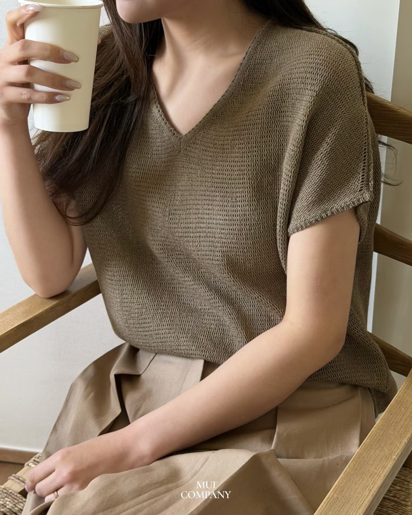 V Neck Waffle Knit Top