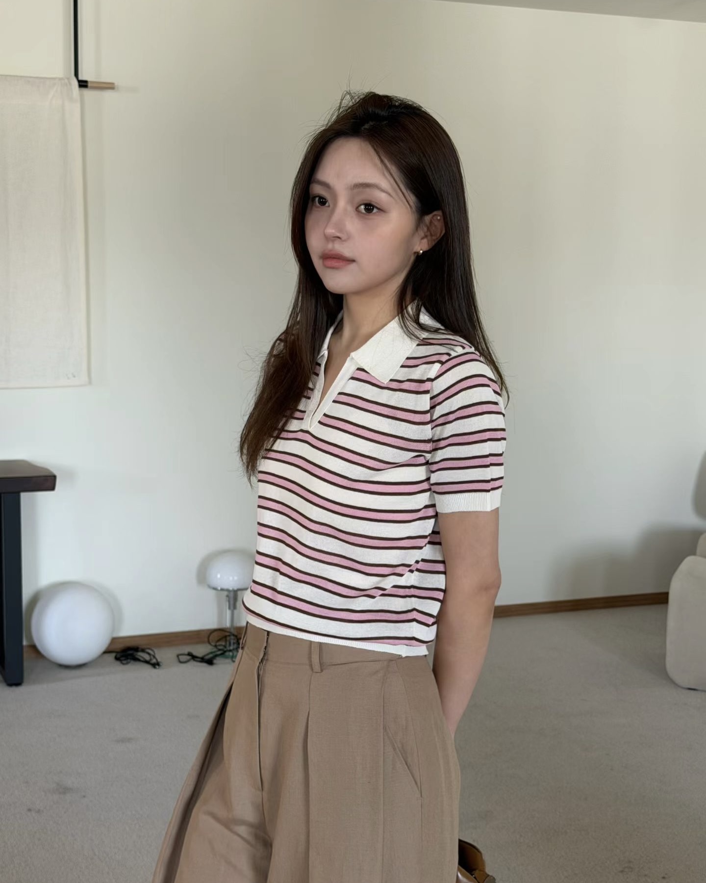 Collared Stripe Short Sleeve Knit Top