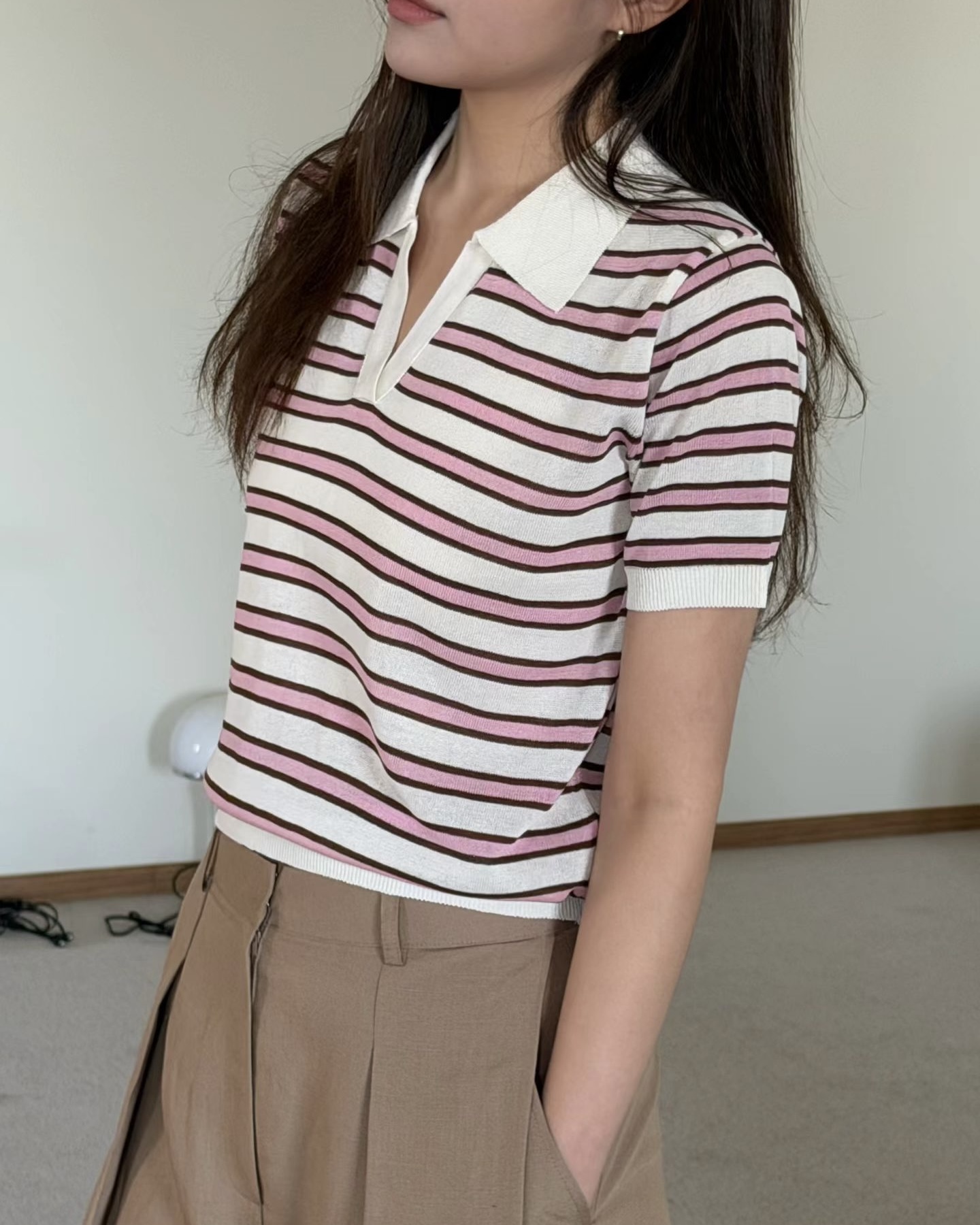 Collared Stripe Short Sleeve Knit Top