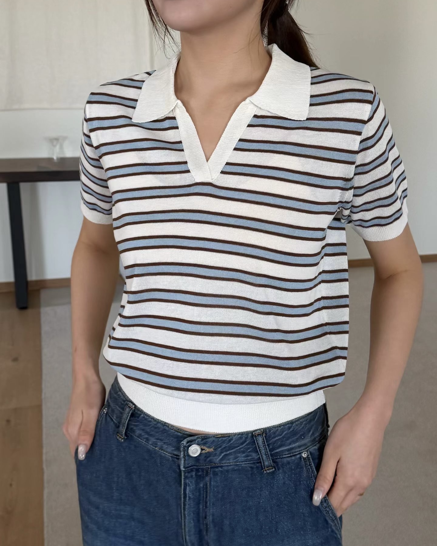 Collared Stripe Short Sleeve Knit Top
