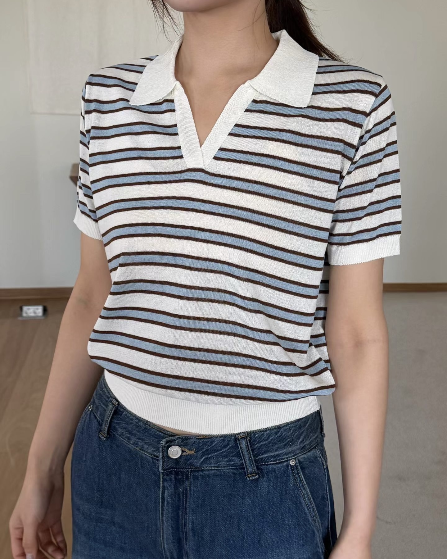 Collared Stripe Short Sleeve Knit Top