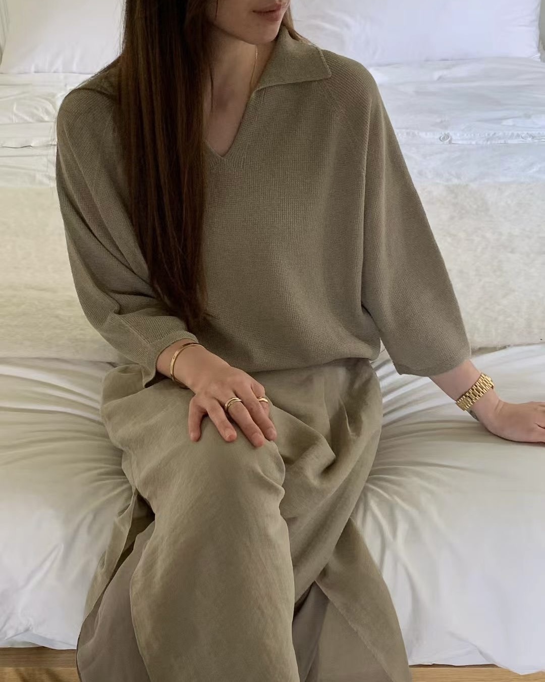 Open Collar Half Sleeve Knit Top