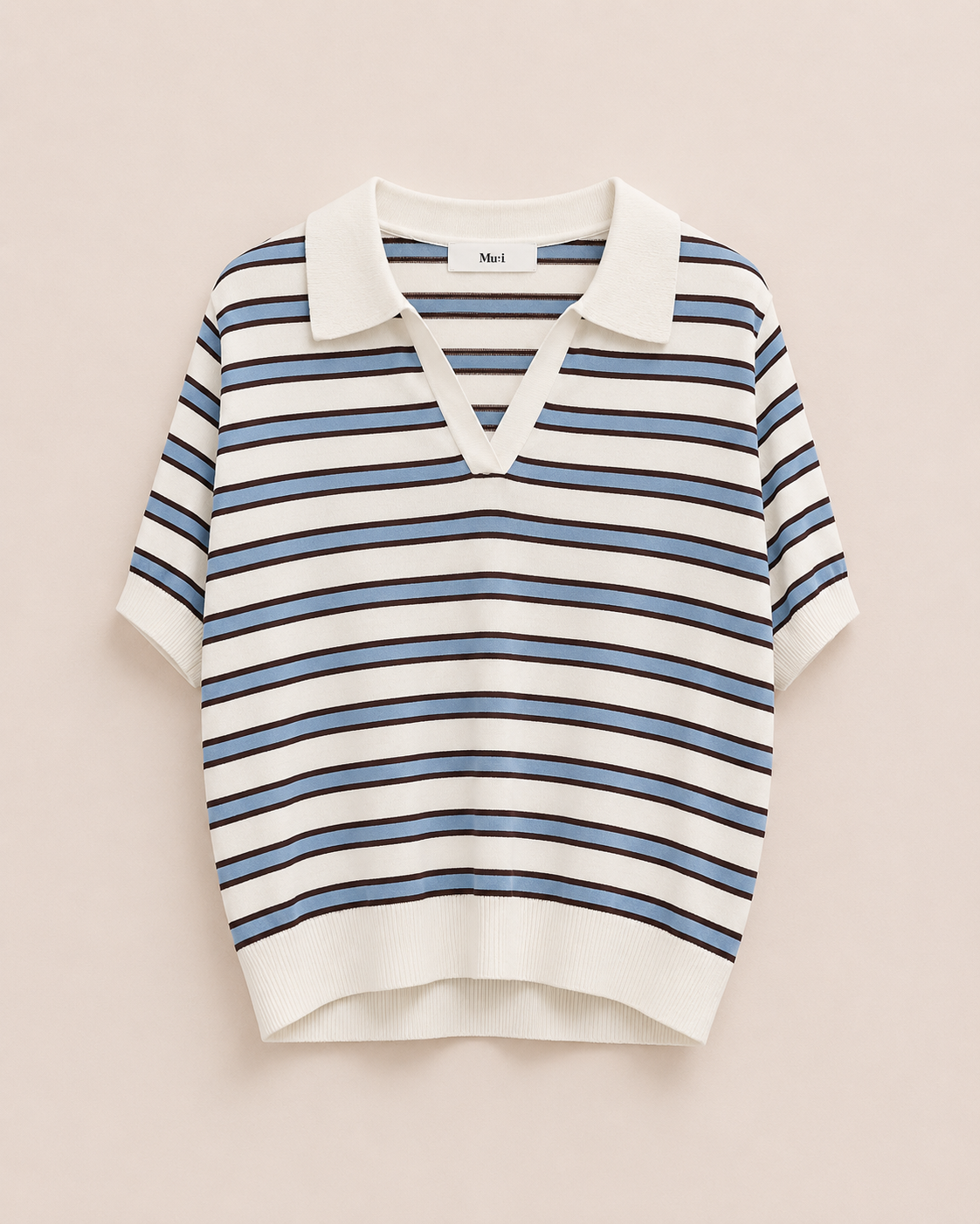 Collared Stripe Short Sleeve Knit Top