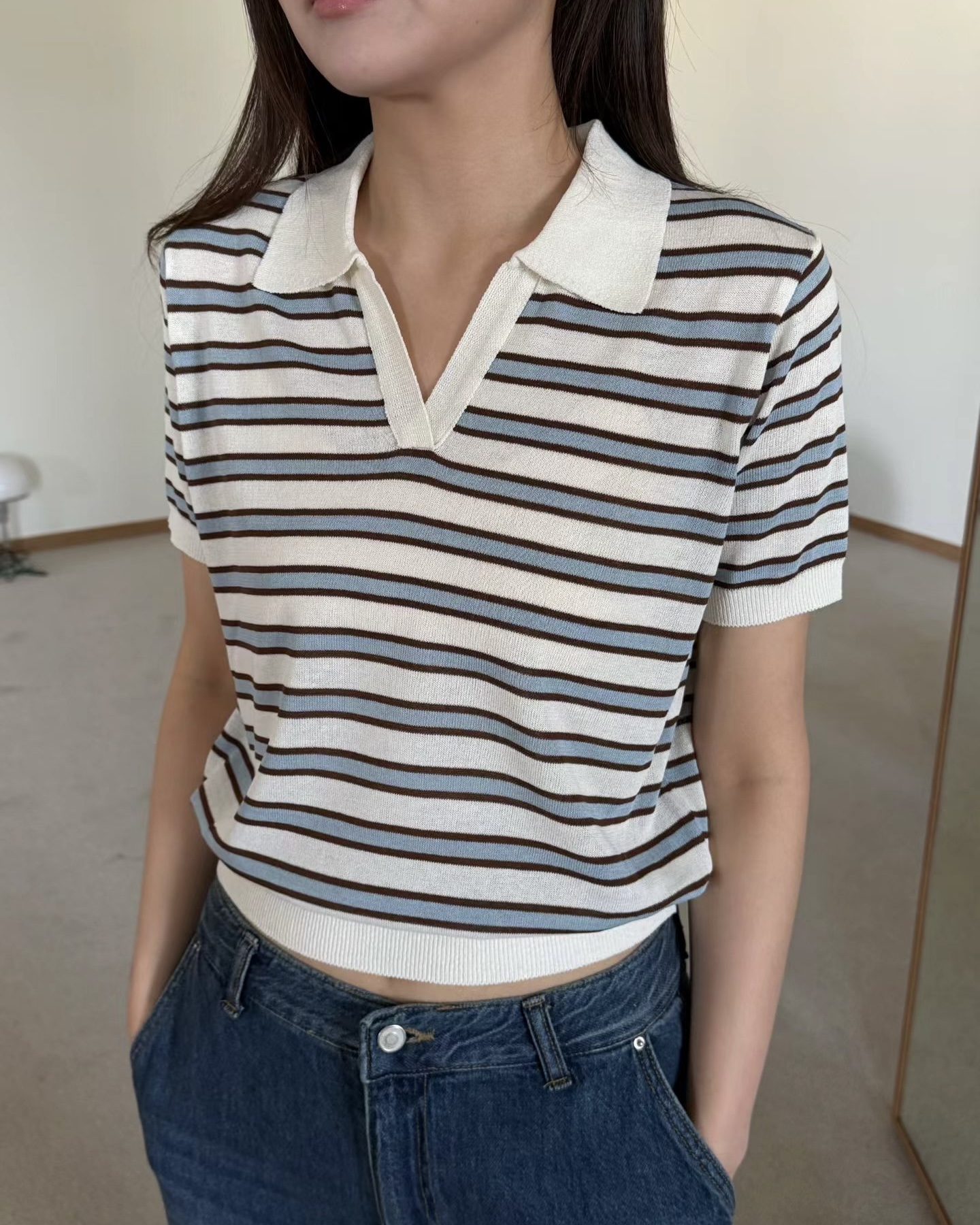 Collared Stripe Short Sleeve Knit Top