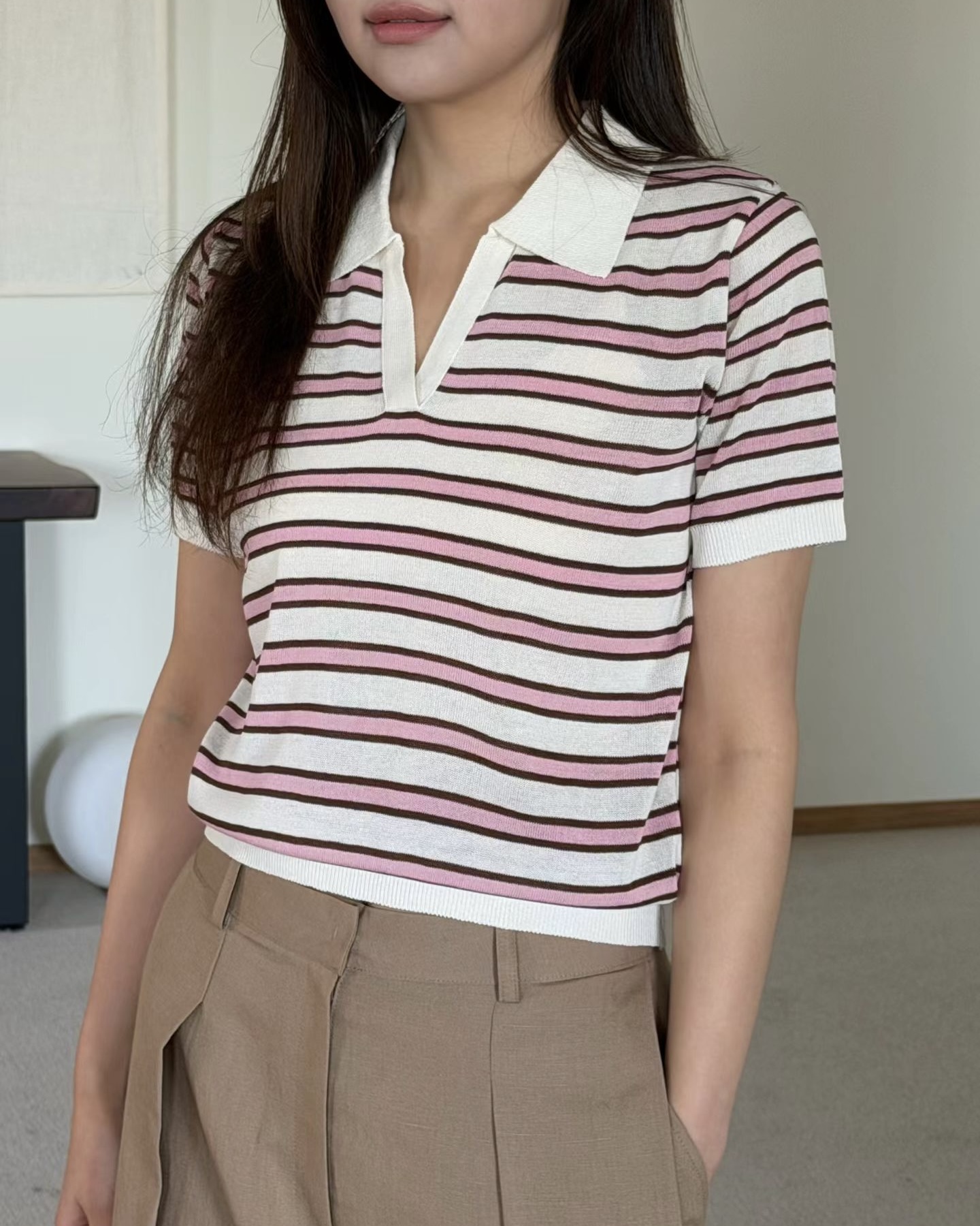 Collared Stripe Short Sleeve Knit Top