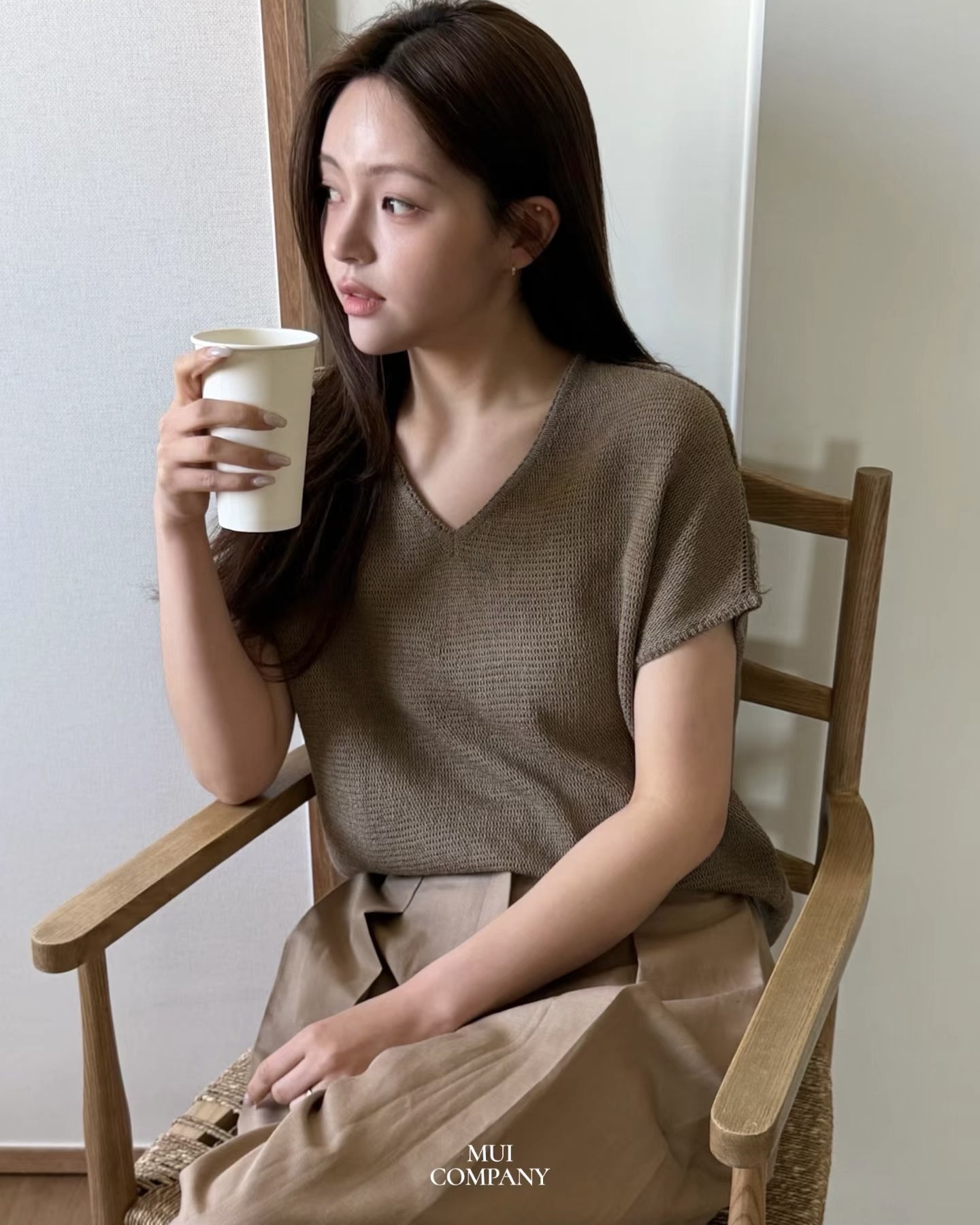 V Neck Waffle Knit Top