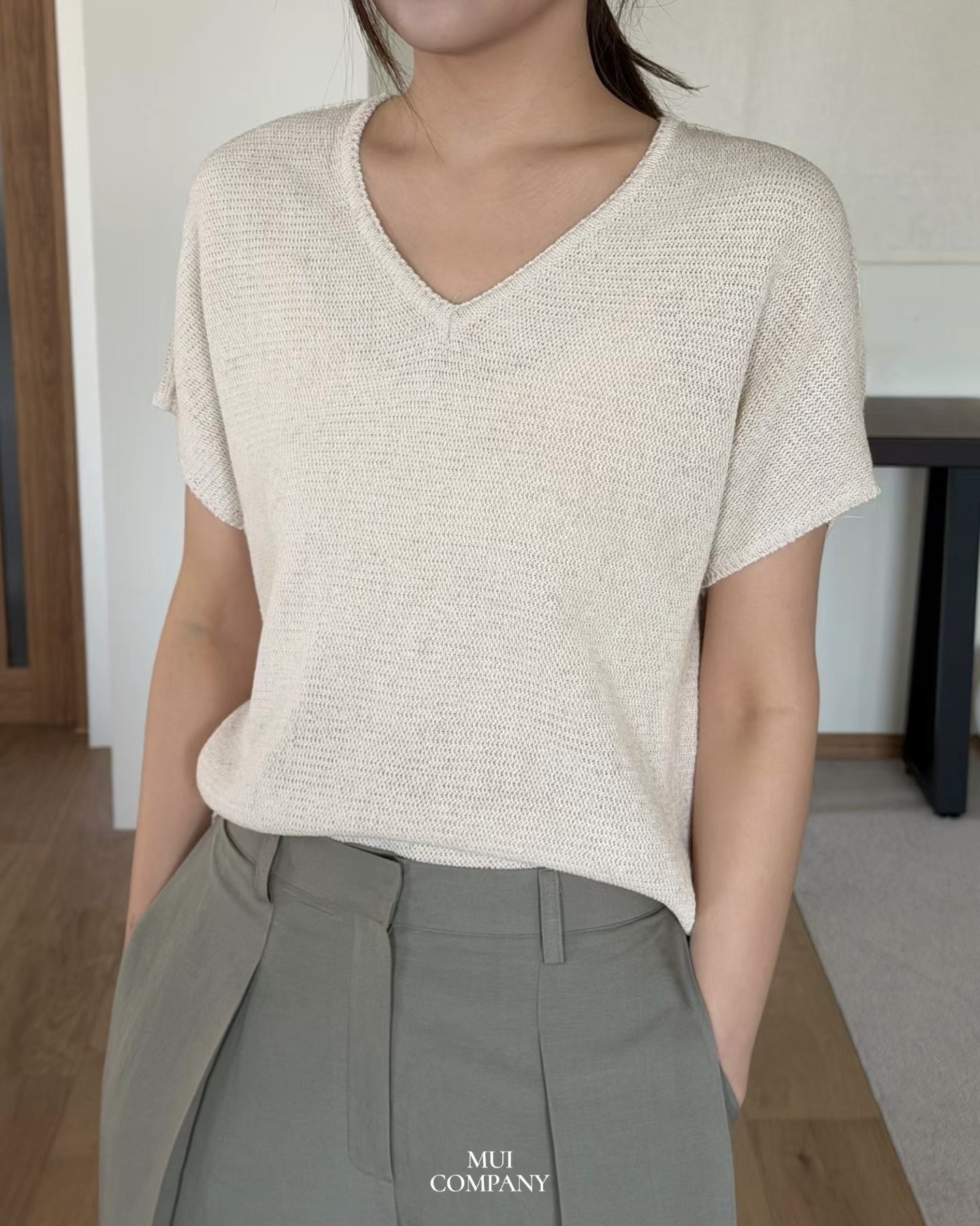 V Neck Waffle Knit Top