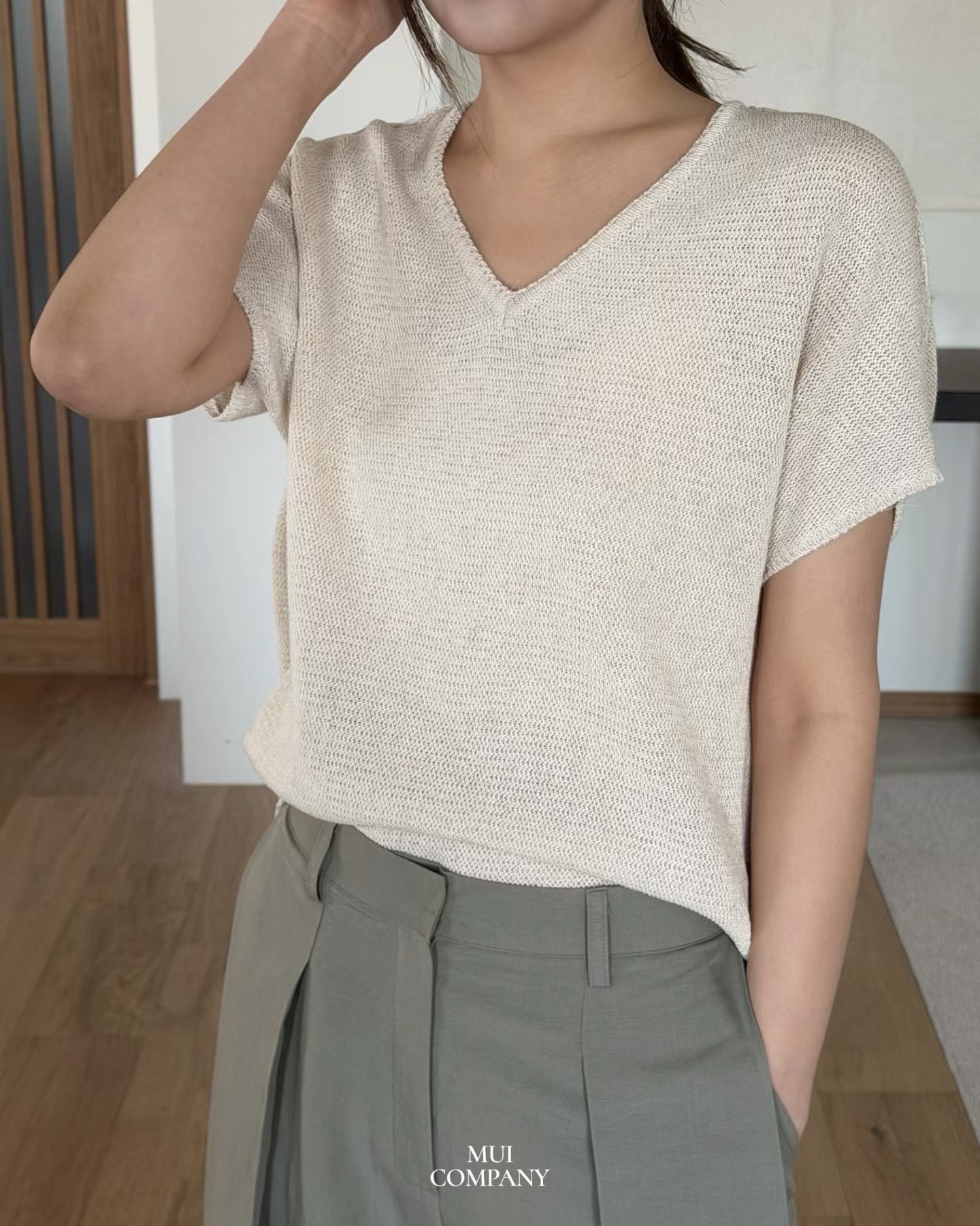 V Neck Waffle Knit Top