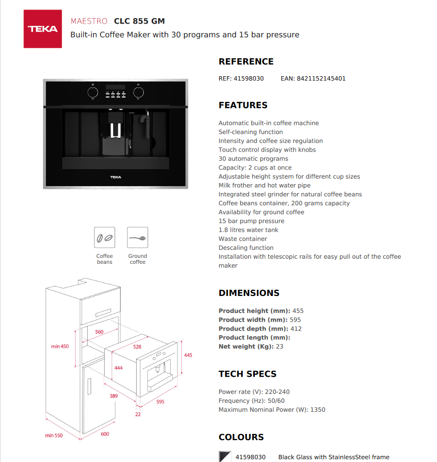 *New* Teka 45cm Built-In Coffee Machine – CLC 855 GM