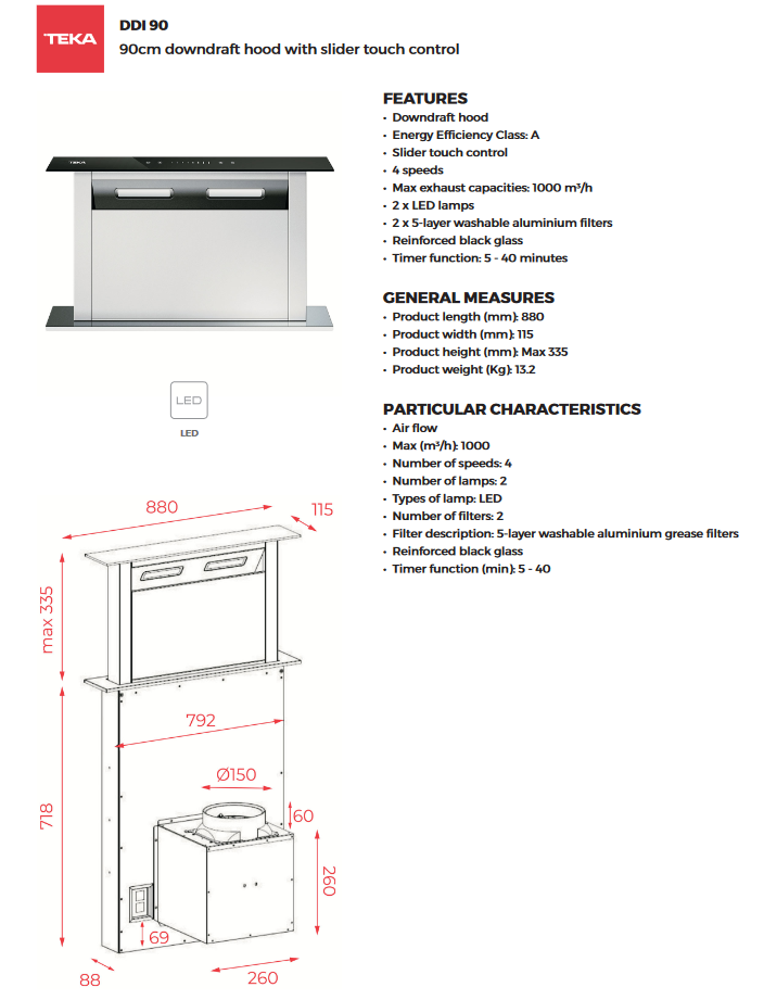 *New* Teka 90cm Downdraft Hood with Slider Touch Control - DDI 90