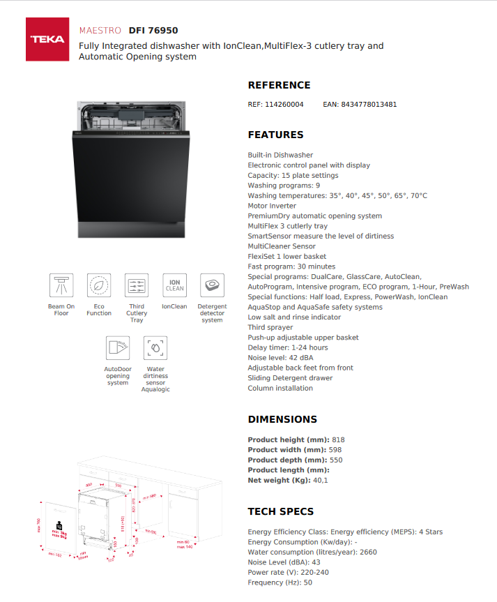 *New* Teka Built-In Fully Integrated Dishwasher – DFI 76950