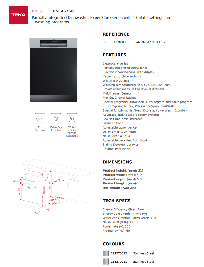 *New* Teka Built-In Partial Integrated Dishwasher – DSI 46750 SS