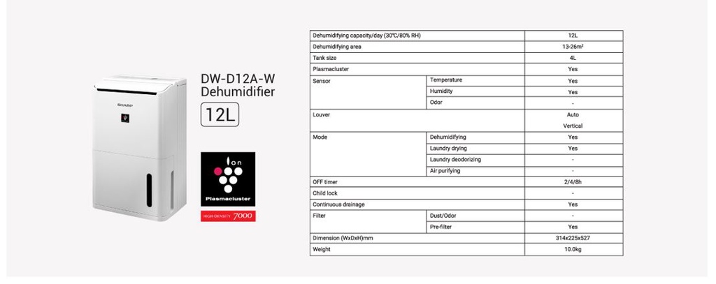 Sharp 26m² Dehumidifying Air Purifier DW-D12A-W