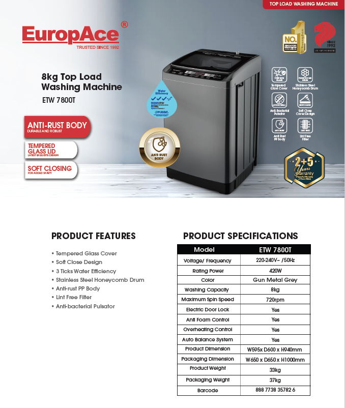 Europace 8Kg Top Load Washing Machine ETW7800TGM