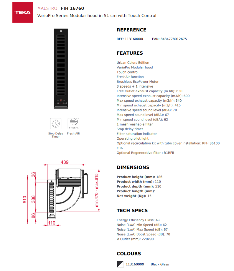 *New* Teka 51cm Downdraft Hood - FIH 16760 TOS