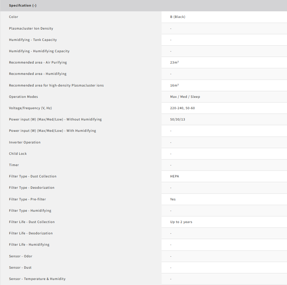 Sharp 23m² Air Purifier FP-J30E-B