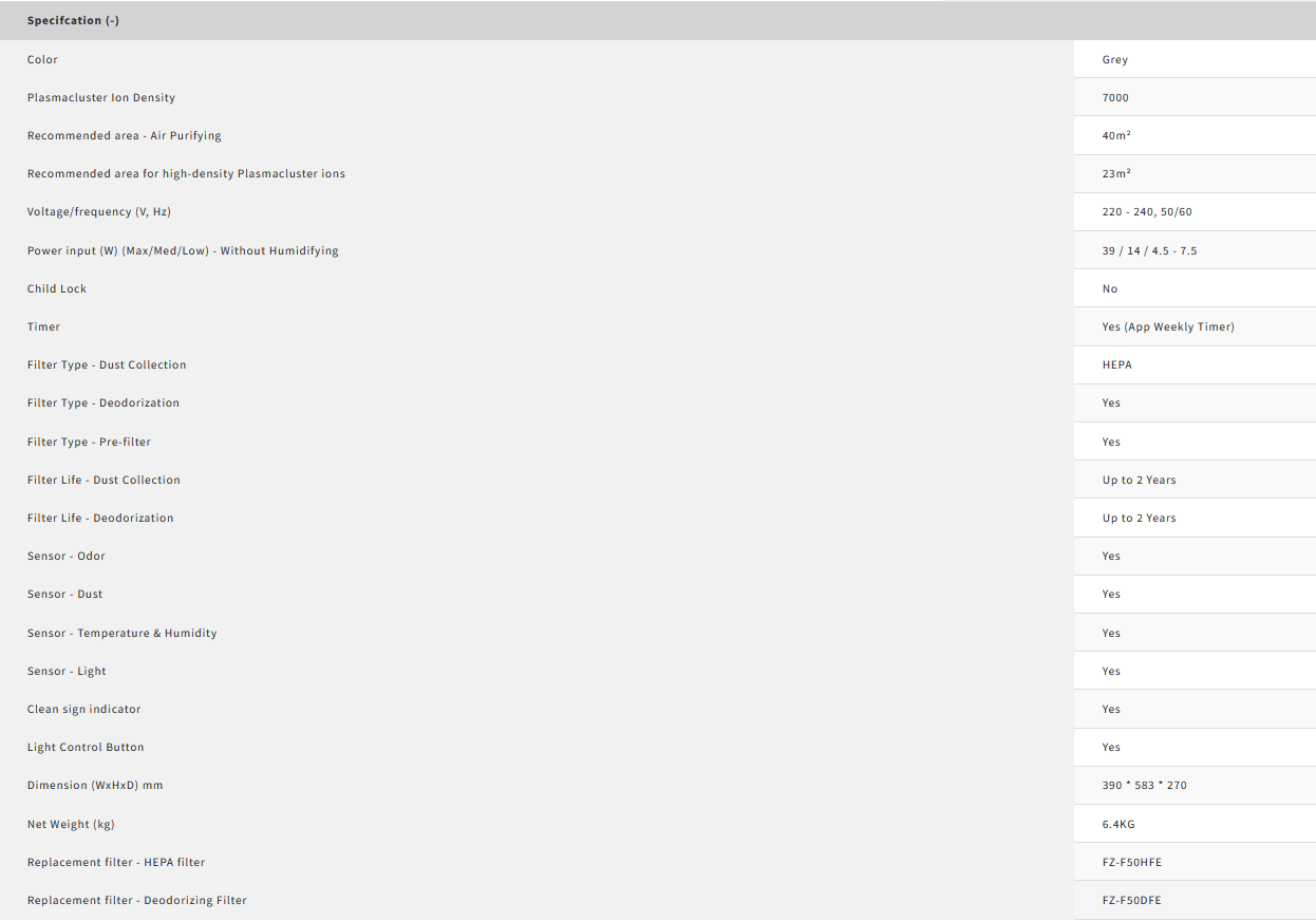 Sharp 40m² Air Purifier FP-J50E-H