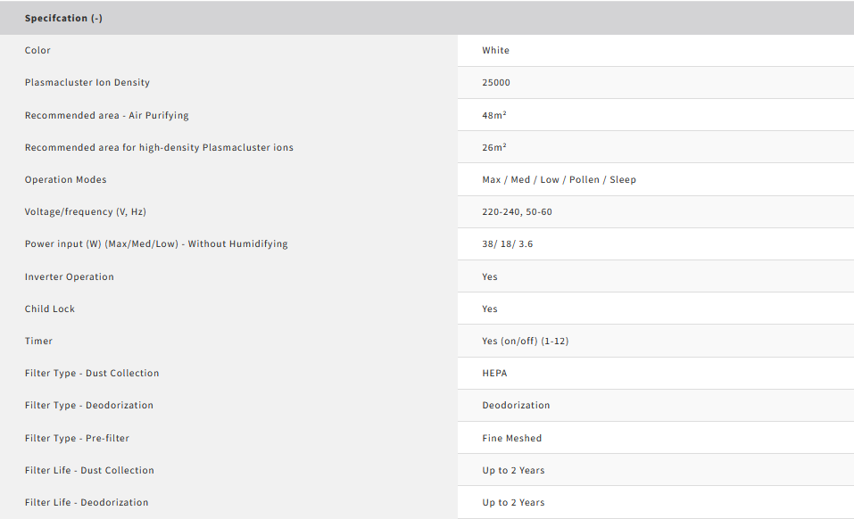 Sharp 48m² Air Purifier FP-J60E-W