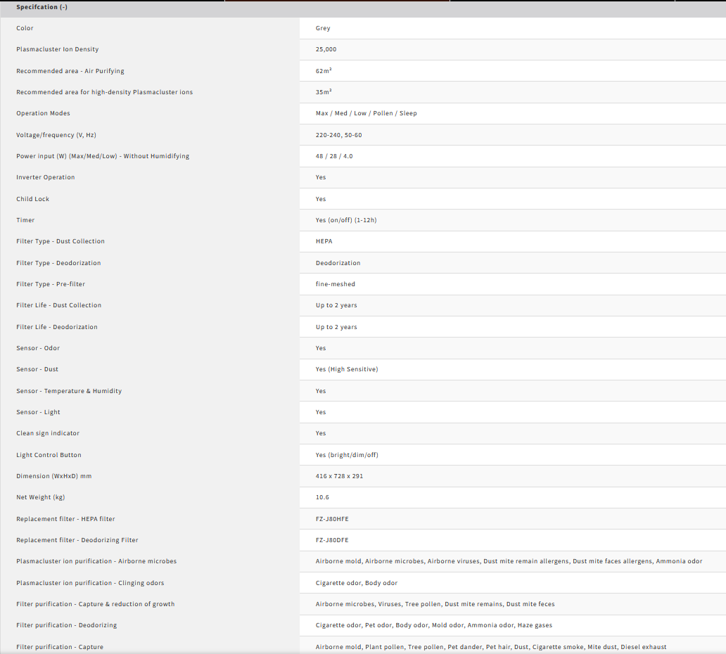 Sharp 62m² Air Purifier FP-J80E-H