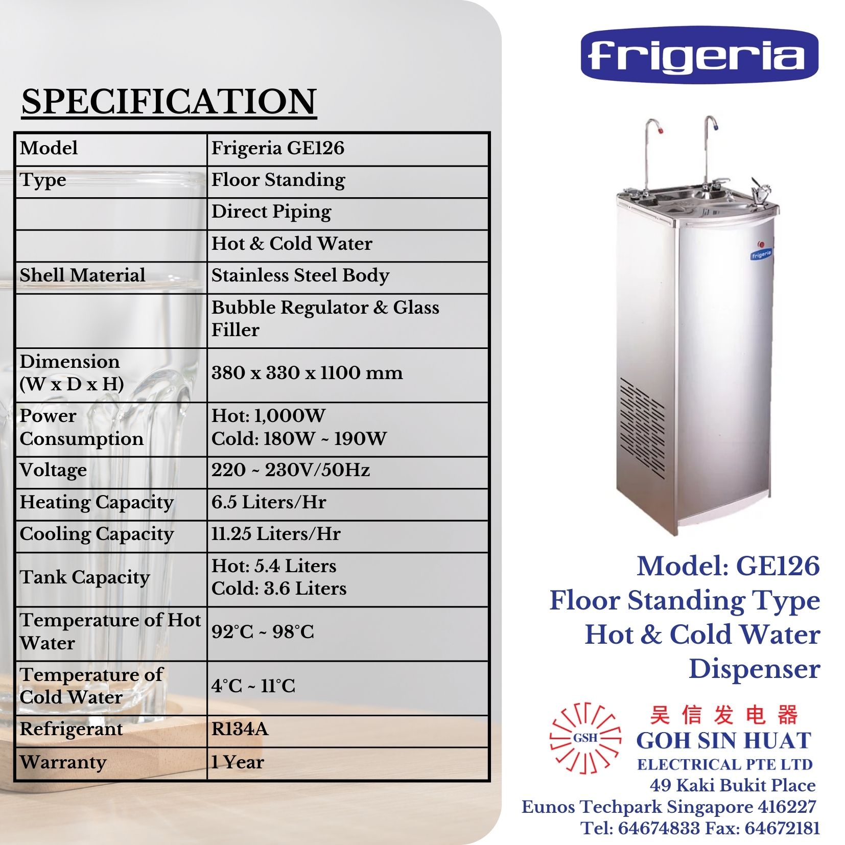 Frigeria GE126 Floor Standing Electric Water Dispenser Hot & Cold Water