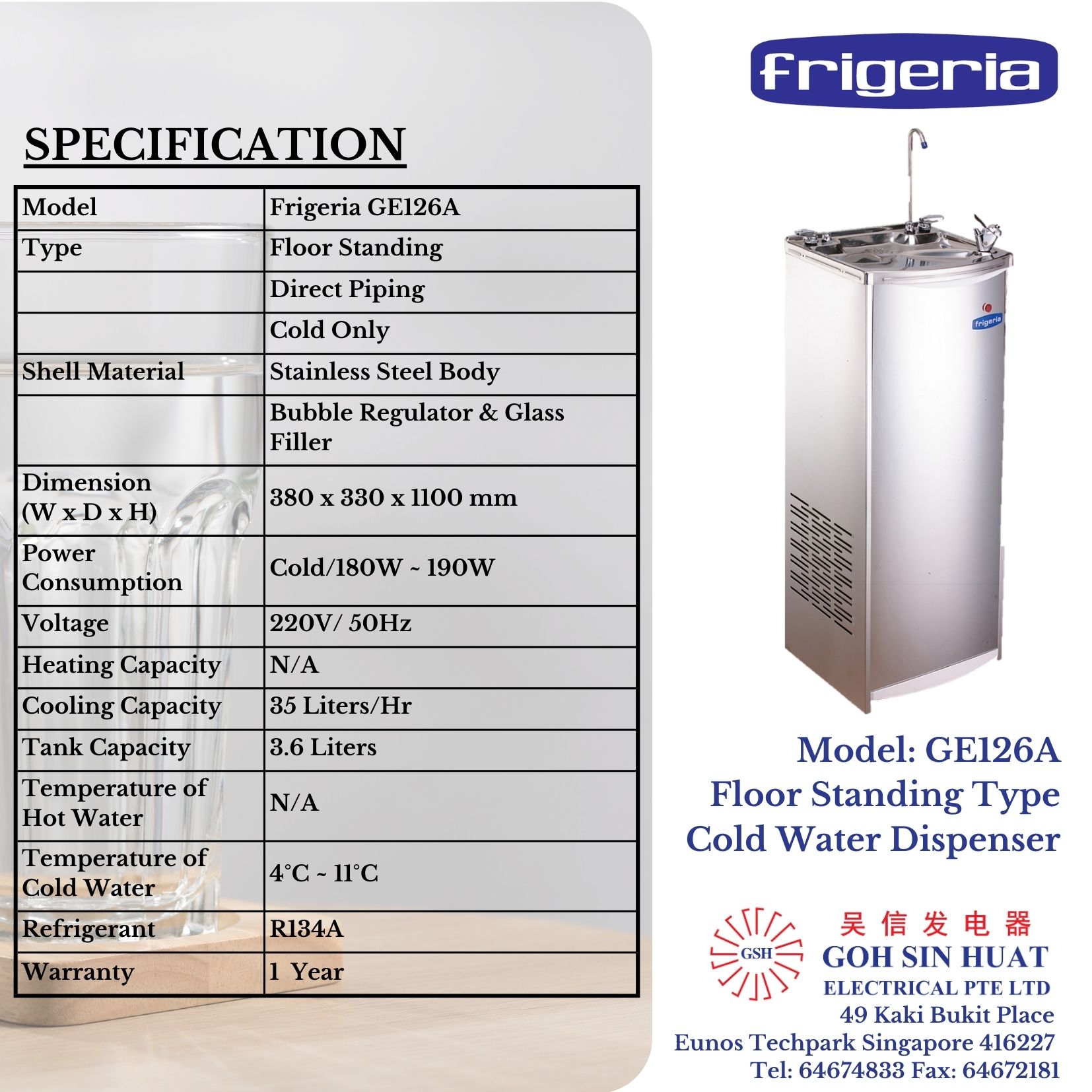 Frigeria GE126A Floor Standing Electric Water Dispenser Water Cooler