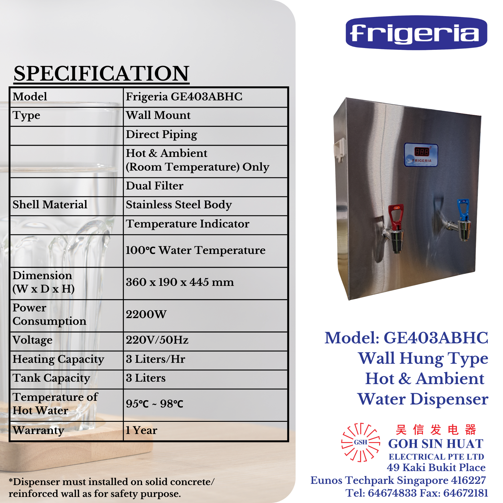 Frigeria GE403ABHC Wall Hung Electric Water Dispenser 