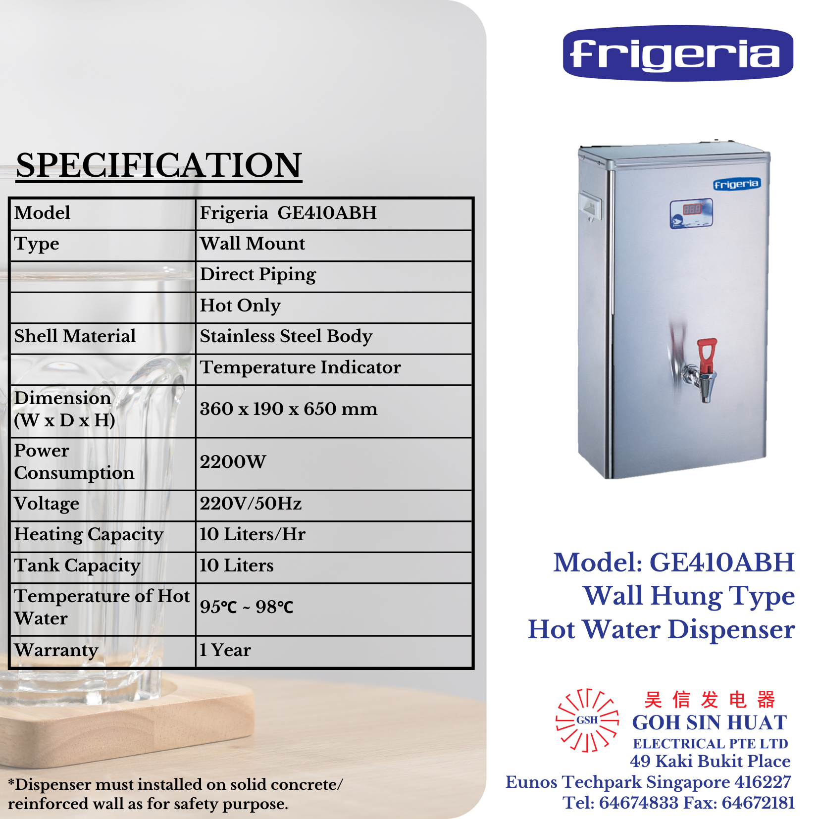 Frigeria GE410ABH Wall Hung Electric Water Dispenser