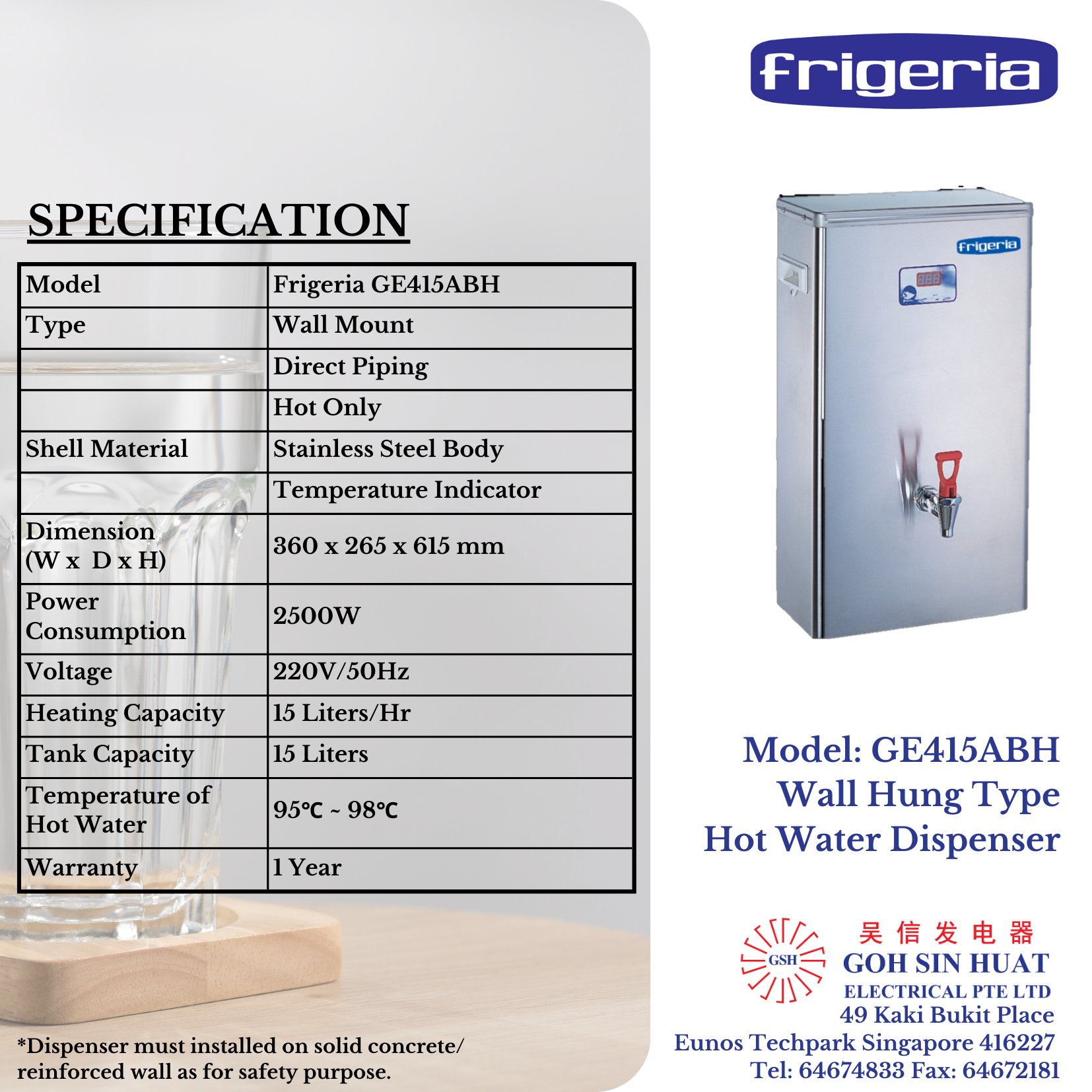 Frigeria GE415ABH Wall Hung Electric Water Dispenser