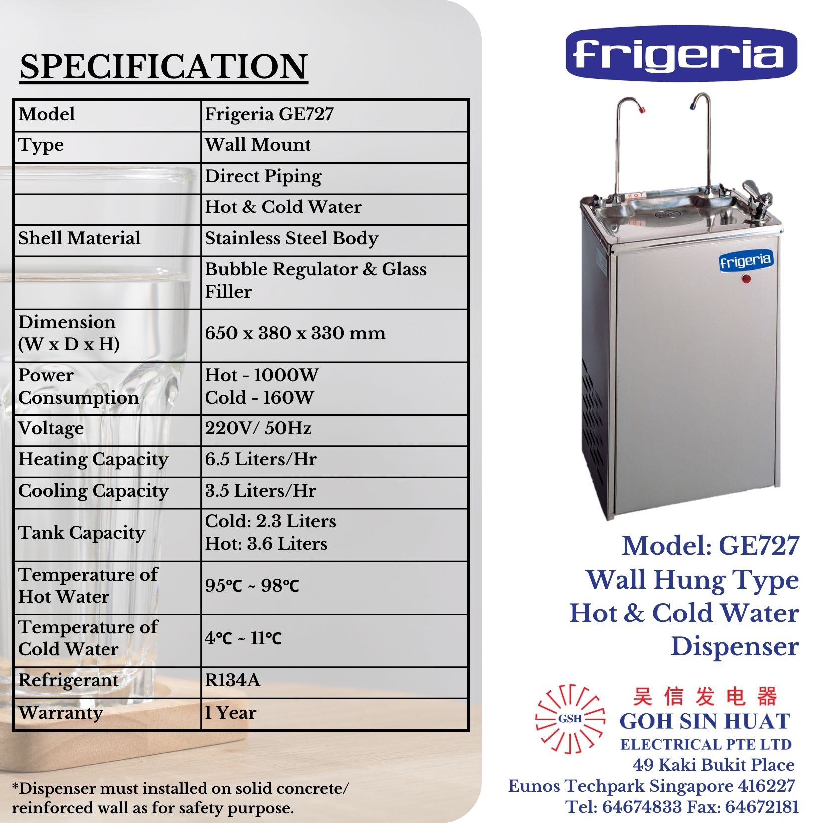 Frigeria GE727 Wall Hung Electric Water Dispenser Hot & Cold Water