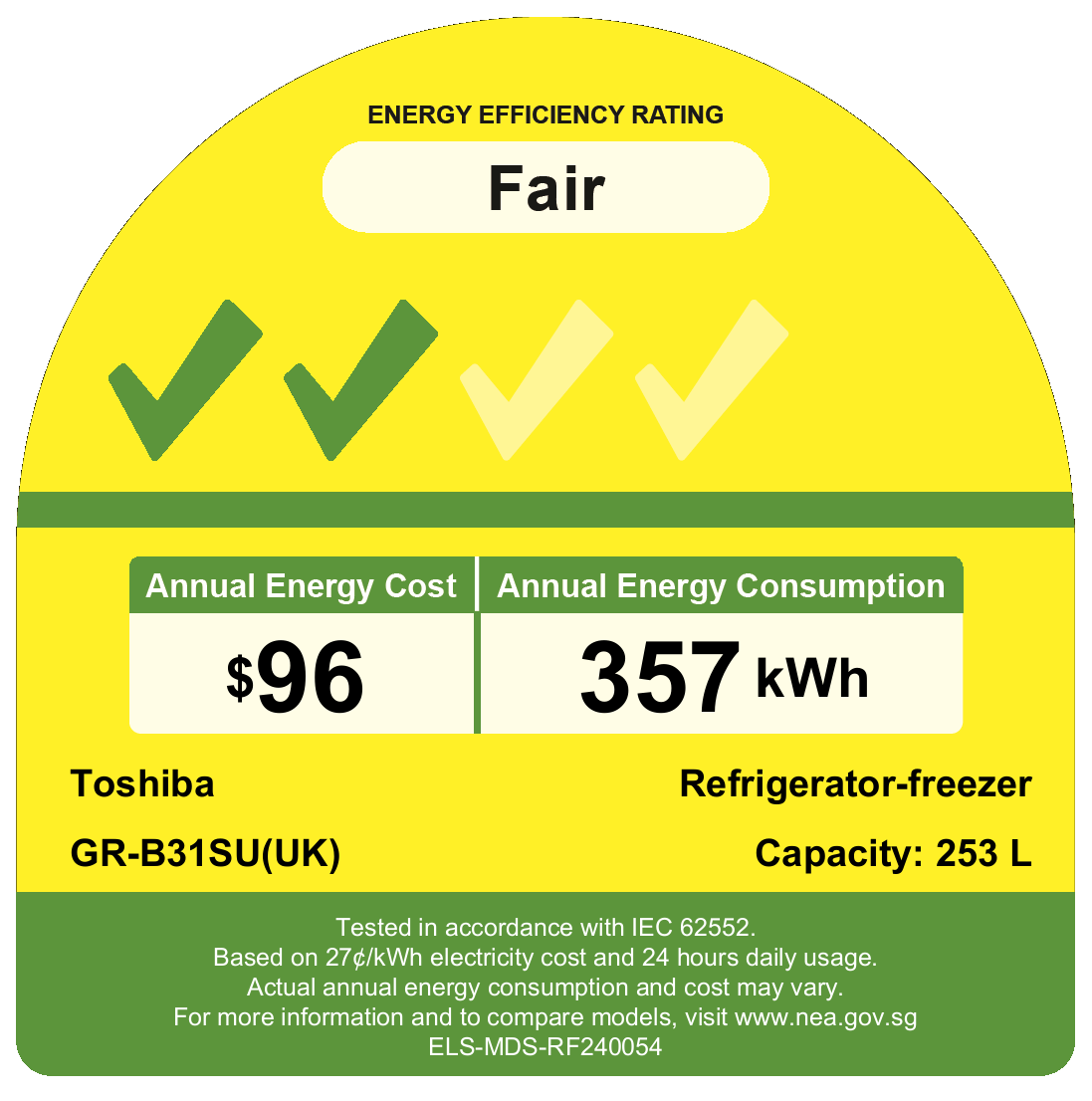 Toshiba 250L Top Freezer Refrigerator GR-B31SU(UK) 